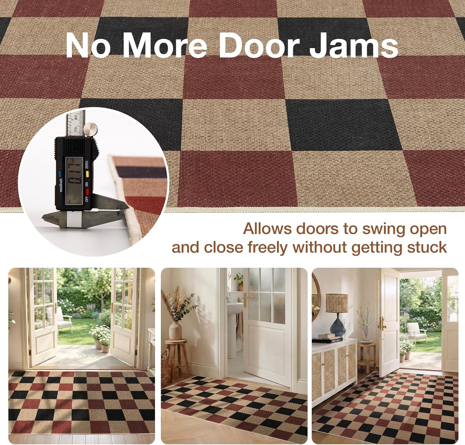 Sasttie Checkered Jute-Look 5x7 Area Rugs, Washable 5x7 Rug for High Traffic Indoor & Outdoor, Farmhouse Aesthetic Carpet for Living Room, Kitchen, Patio, Deck, or Balcony, Red/Natural/Black