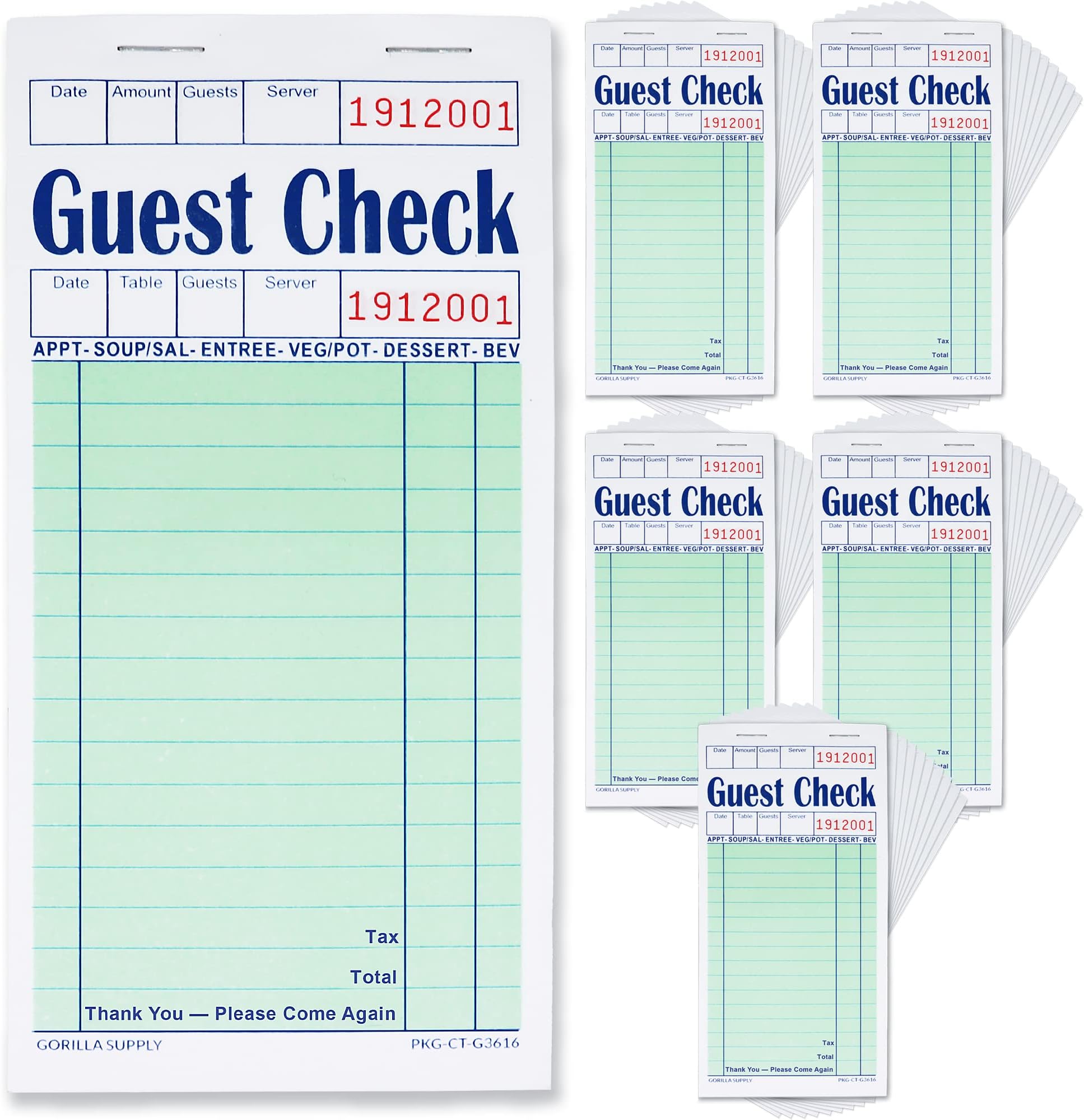 [5000] Gorilla Supply Guest Check Book 3.4" x 6.73" Server Notepads Order Pad for Waiter and Waitress, Bond Single Part Perforated Checks, Green, 5000 (5 pkg x 100 Checks x 10 Books)