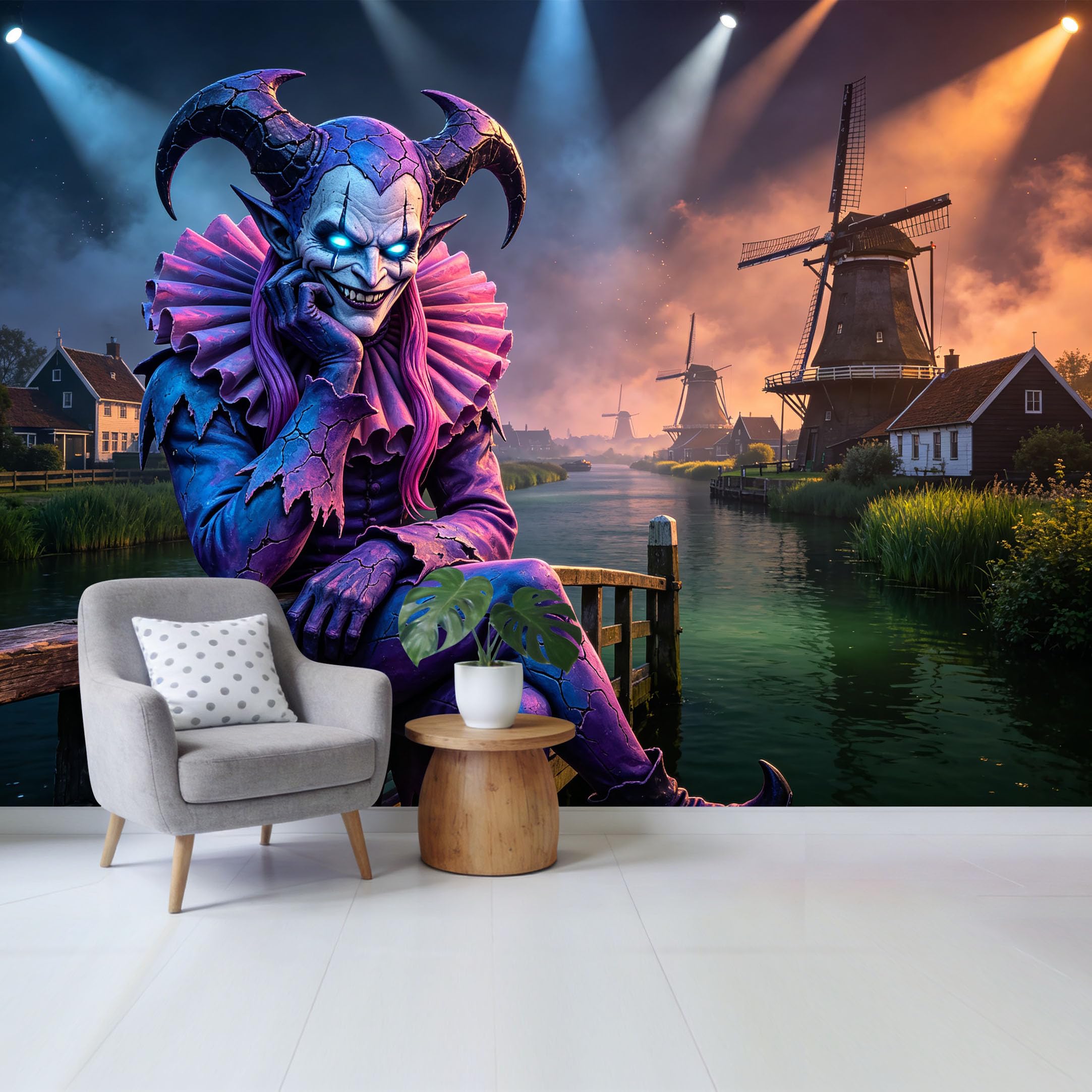 Custom Size Wall Mural Mysterious Jester Character Dutch Windmill Landscape 3D Trompe L'Oeil Removable Self Adhesive Fabric，Home Wall Decor for Living Room Bedroom Bathroom