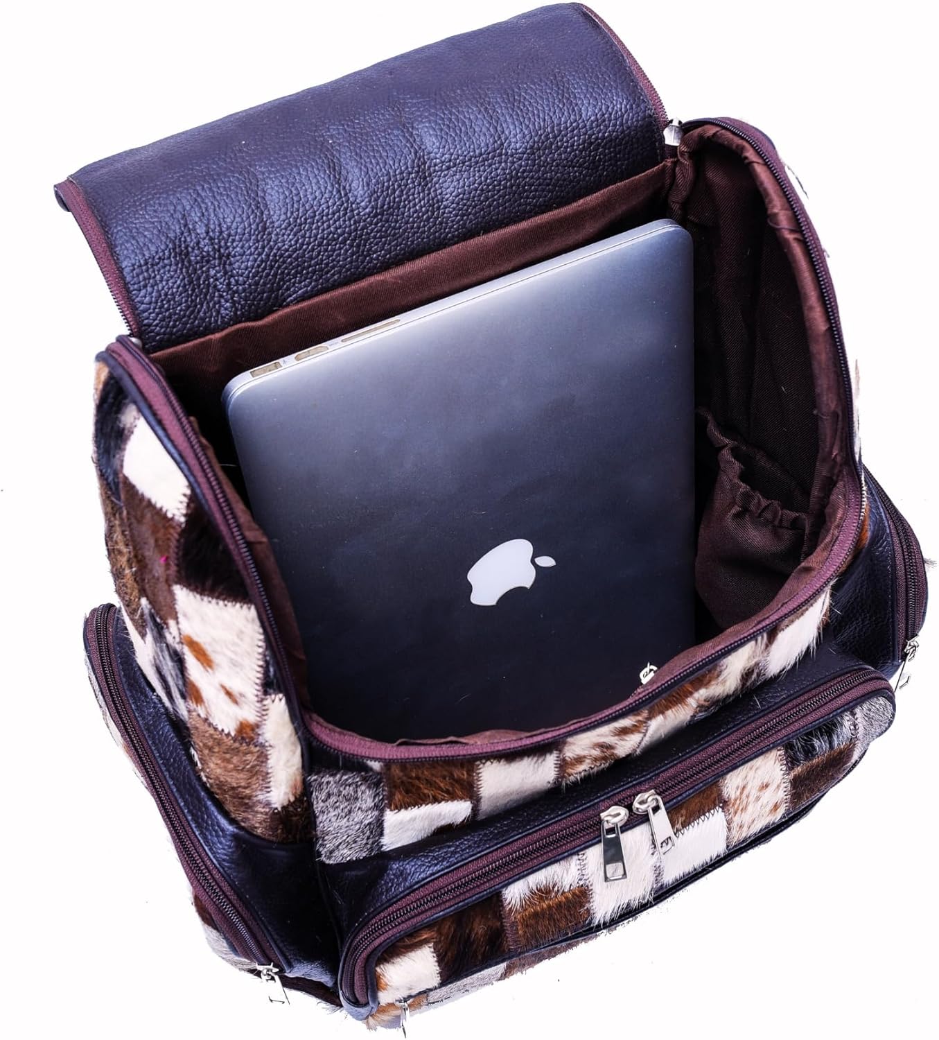 CHAYELL Real Cowhide Backpack for Women Men - Patchwork Hair-On Genuine Full Grain Leather Backpack Laptop Sleeve, 5 Pockets Spacious, Compartment & Sturdy Zippers - Individual Style Cowboy Diaper Bag - Image 4