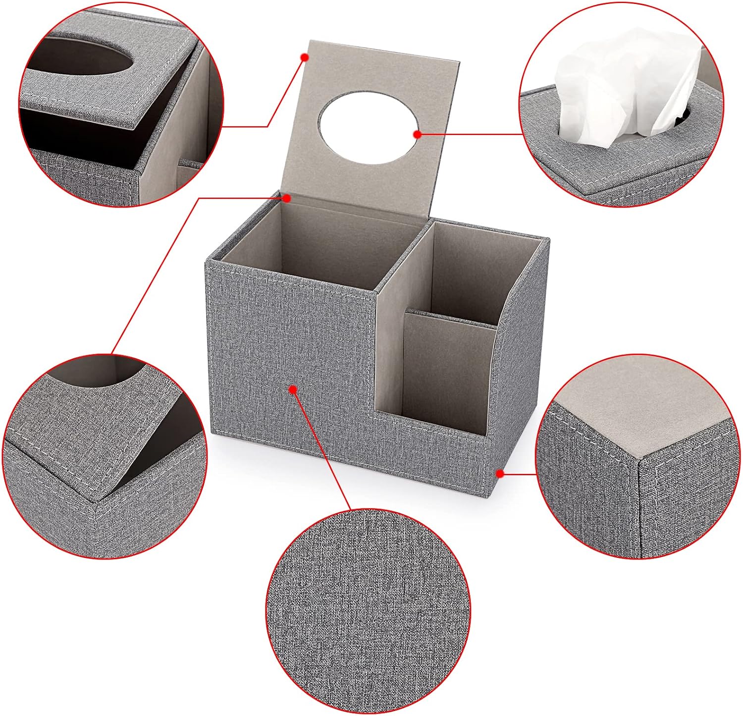 Sumnacon Square Linen Tissue Box Cover - Decorative Cube Tissue Box Holder with Side Organizer, Modern Tissue Box for Living Room Vanity Night Stand Table Countertop Office, Grey
