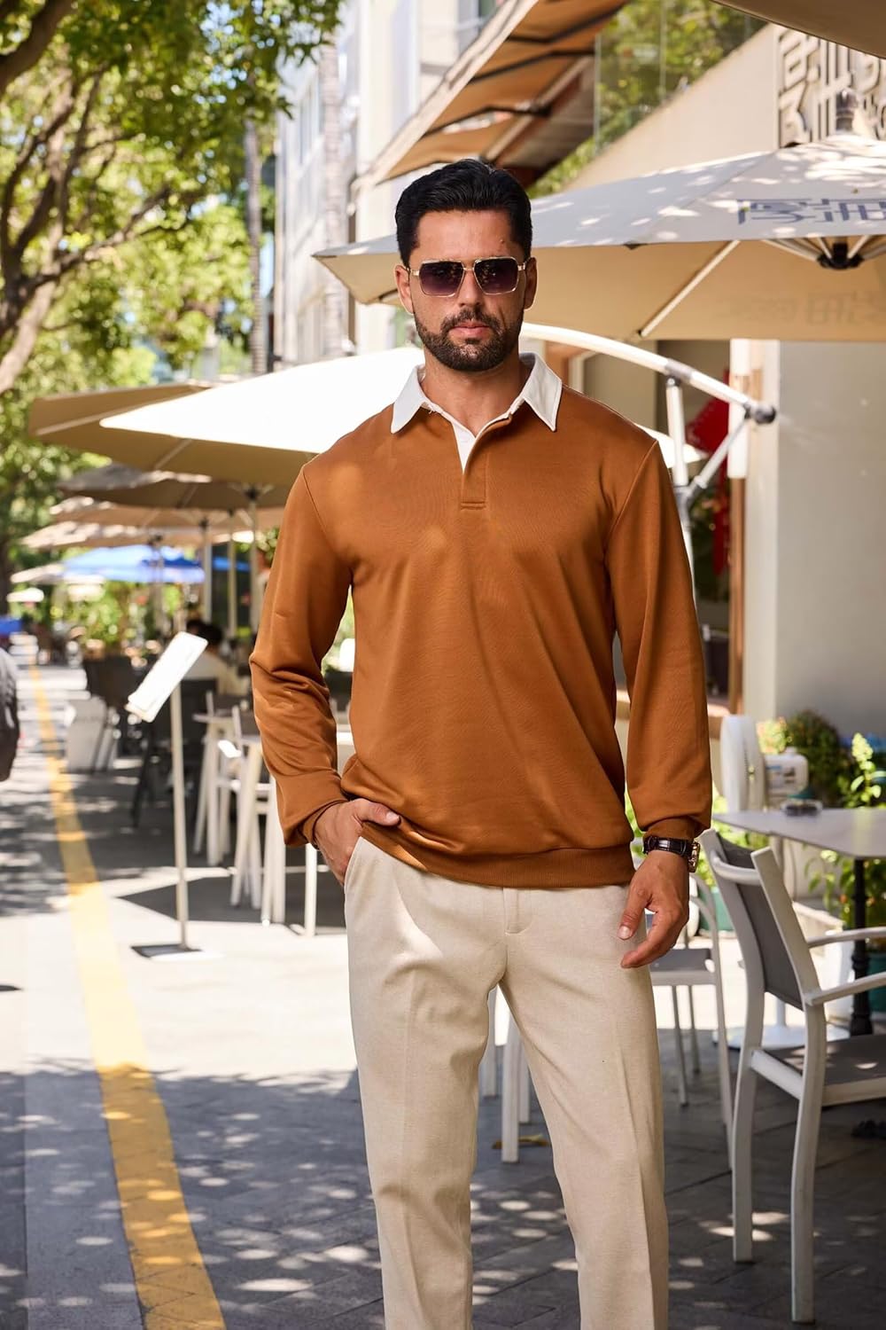 Mens Long Sleeve Polo Shirt Button Down Classic Pullover Sweatshirts for Men Polos with Contrast Collar - Image 2