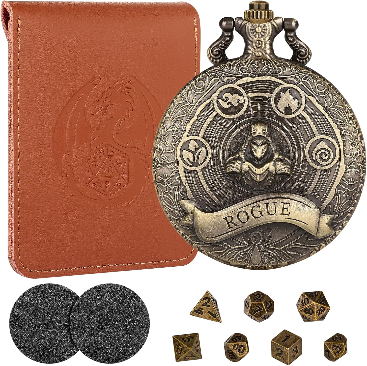 Mini DND Dice Set with Bronze Steampunk Rogue Pocket Watch Case, Tabletop Game Accessories, 7pcs Polyhedral Metal Dice, D&D Starter Set, Gifts with Dice Bag for RPG DM Gamer
