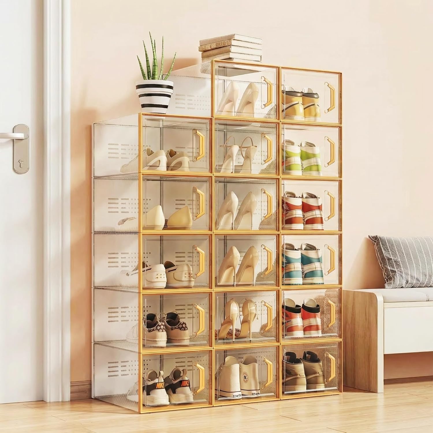 15 Pack Shoe Storage Box, Clear Plastic Stackable Shoe Organizer for Closet, Space Saving Foldable Shoe Rack Sneaker Container Bin Holder (Mango Orange)