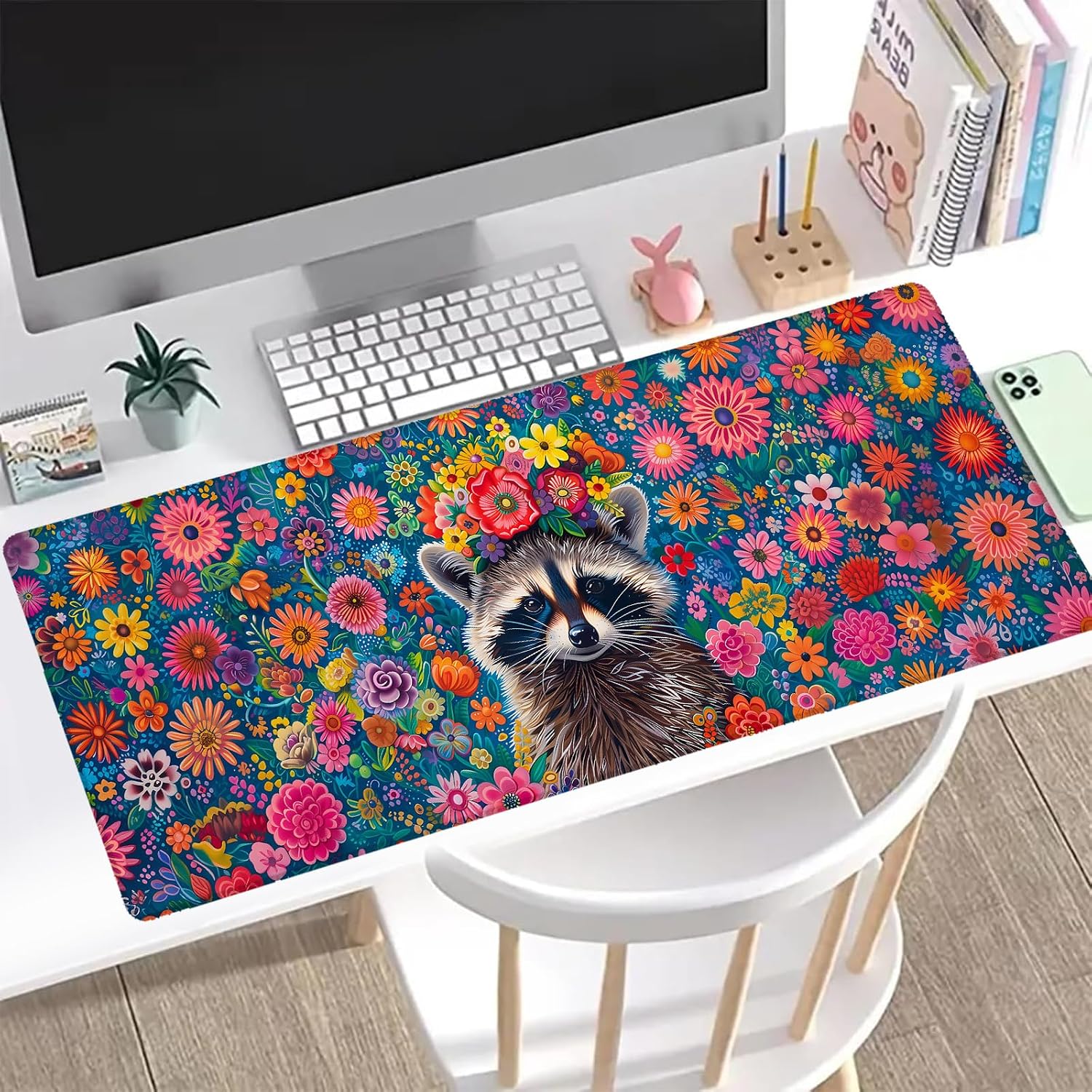 Vibrant Raccoon Gaming Mouse Pad, Office Desk Mat, Anti-Slip Rubber Base Cool Aesthetic Mouse Pads for Computer Laptop Keyboard School Home Desktop Gamer Home Accessories Decor 31.5" x 11.8"