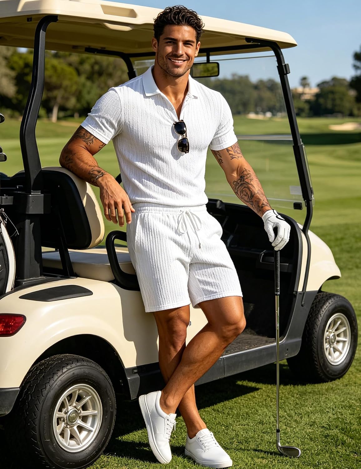 UOUA Mens Shorts Set Twisted Texture Polo Shirt & Shorts Casual 2 Piece Summer Outfits Short Sleeve Vacation Set