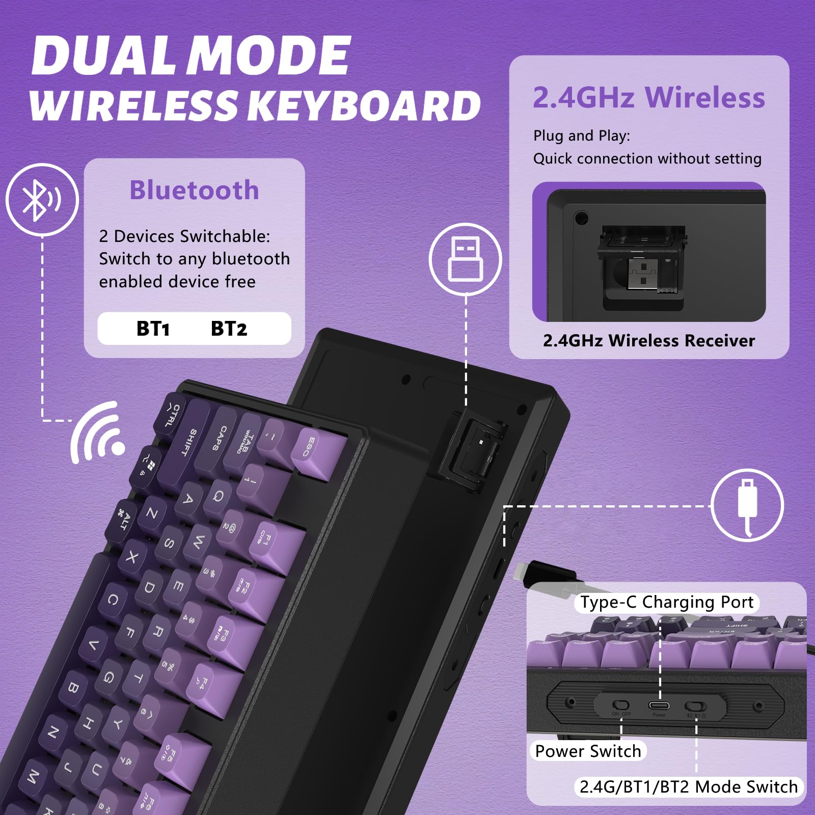 ATTACK SHARK X FREEWOLF M87 Tastiera da Gioco Wireless all'80%, TKL RGB SA Tastiera PBT Bluetooth/2.4Ghz, Batteria da 4000 mAh per Mac/Win, Ufficio/Giochi, QWERTY - Sfumatura Viola