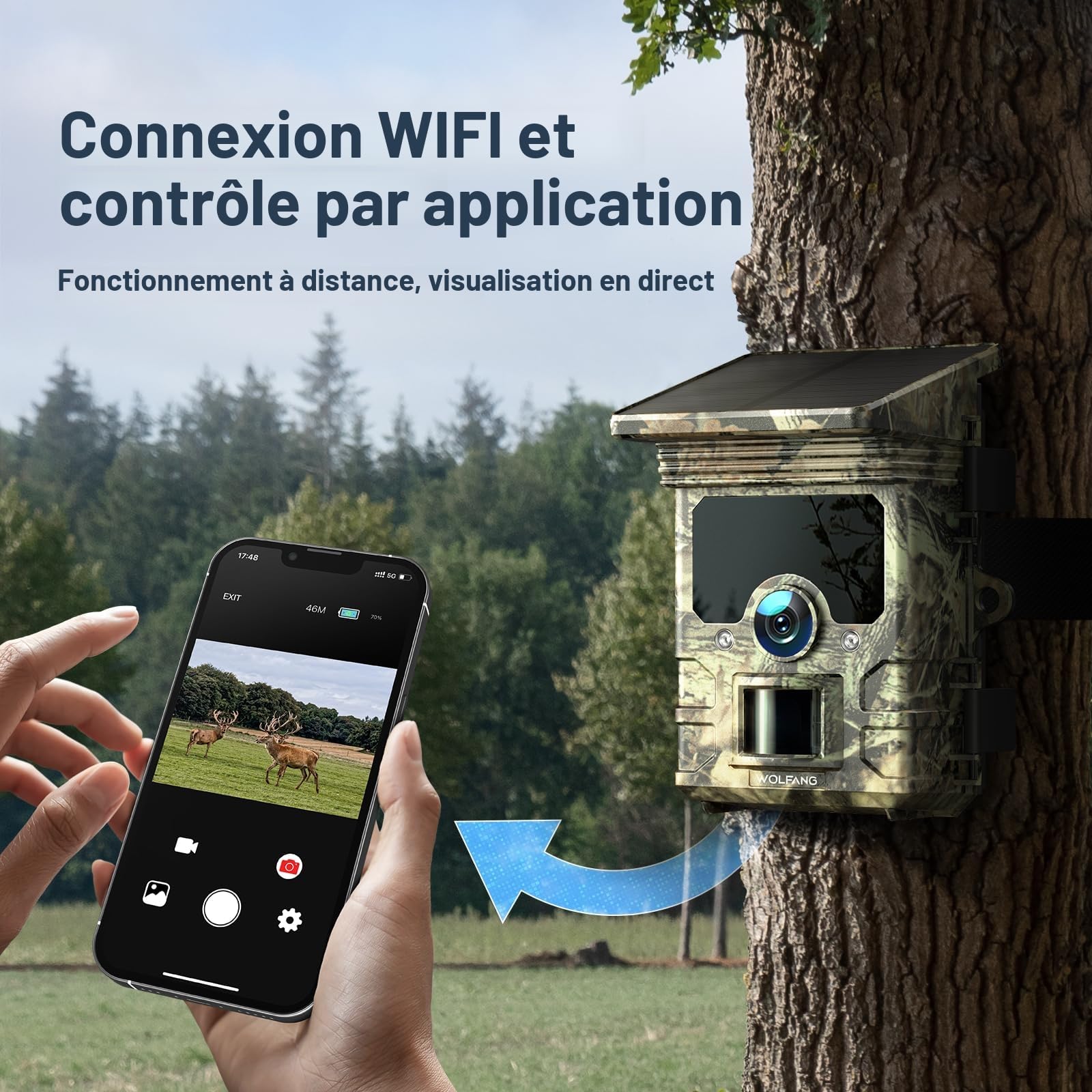 WOLFANG Caméra de Chasse, Camera Chasse Solaire WiFi 4K/68MP, Détecteur de Mouvement de 0,1s, avec App, 5200mAh Batterie, Vision Nocturne, IP66 Etanche pour l'observation des Animaux