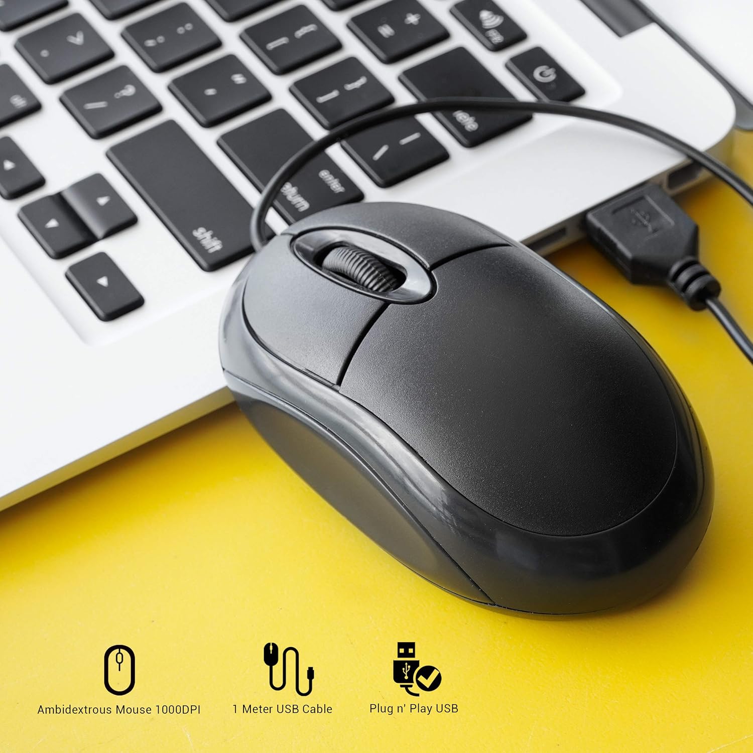 Dynamode Wired USB 2.0 Computer Mouse - 1000 DPI Ambidextrous Optical Mice with 3-Buttons & Scroll Wheel Compatible with Windows PC, Desktop, Laptop, Mac - Black Plug & Play PC Mouse with 1M Cable