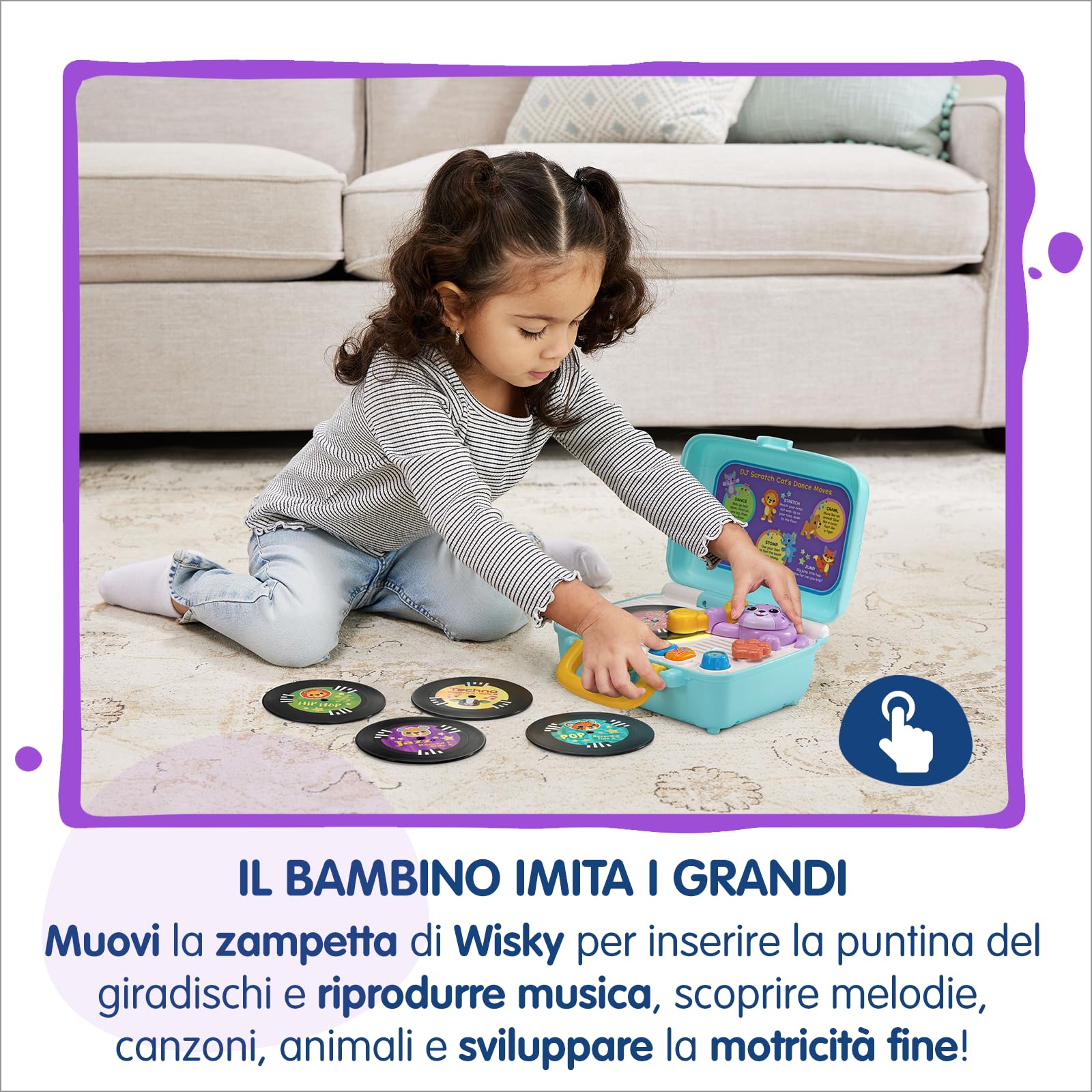 VTech Wisky, Micio Giradischi, Giradischi per Bambini, 5 Dischi Fronte-Retro, Regolazione Volume, Valigetta Inclusa, 6 Canzoni, Lingua Italiana, Batterie Incluse, 1-4 Anni