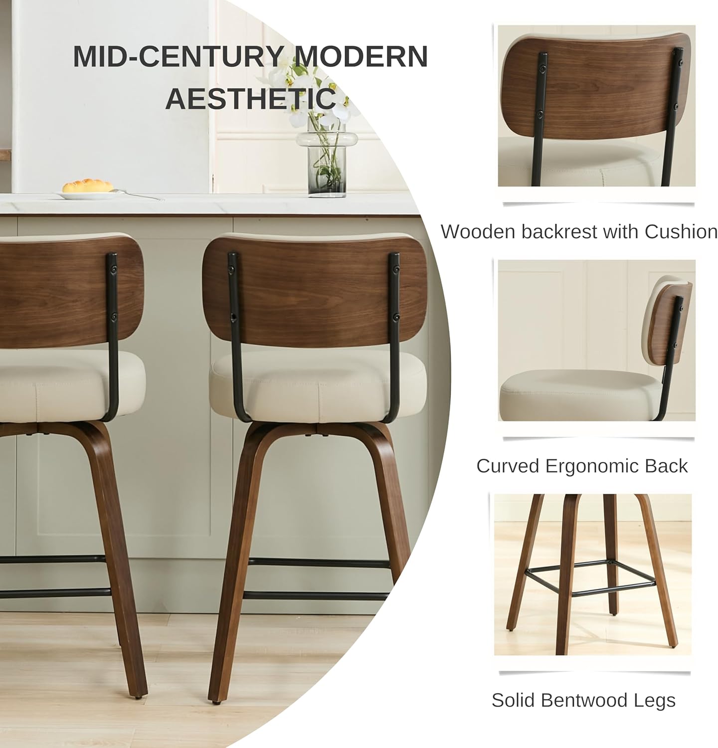 Swivel Bar Stools Set of 3, 26" Upholstered Counter Height Bar Stools with Back and Walnut Wood Legs, Faux Leather Barstools for Kitchen Counter, Beige Gray