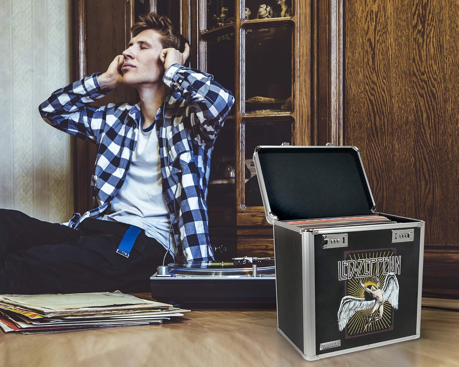 Vaultz Vinyl Record Storage Box - Locking 50 Album Holder & Organizer - Great Alternative to Flimsy LP Crate - 14.4 x 13.4 x 9.6 Inches - Led Zeppelin Album Design