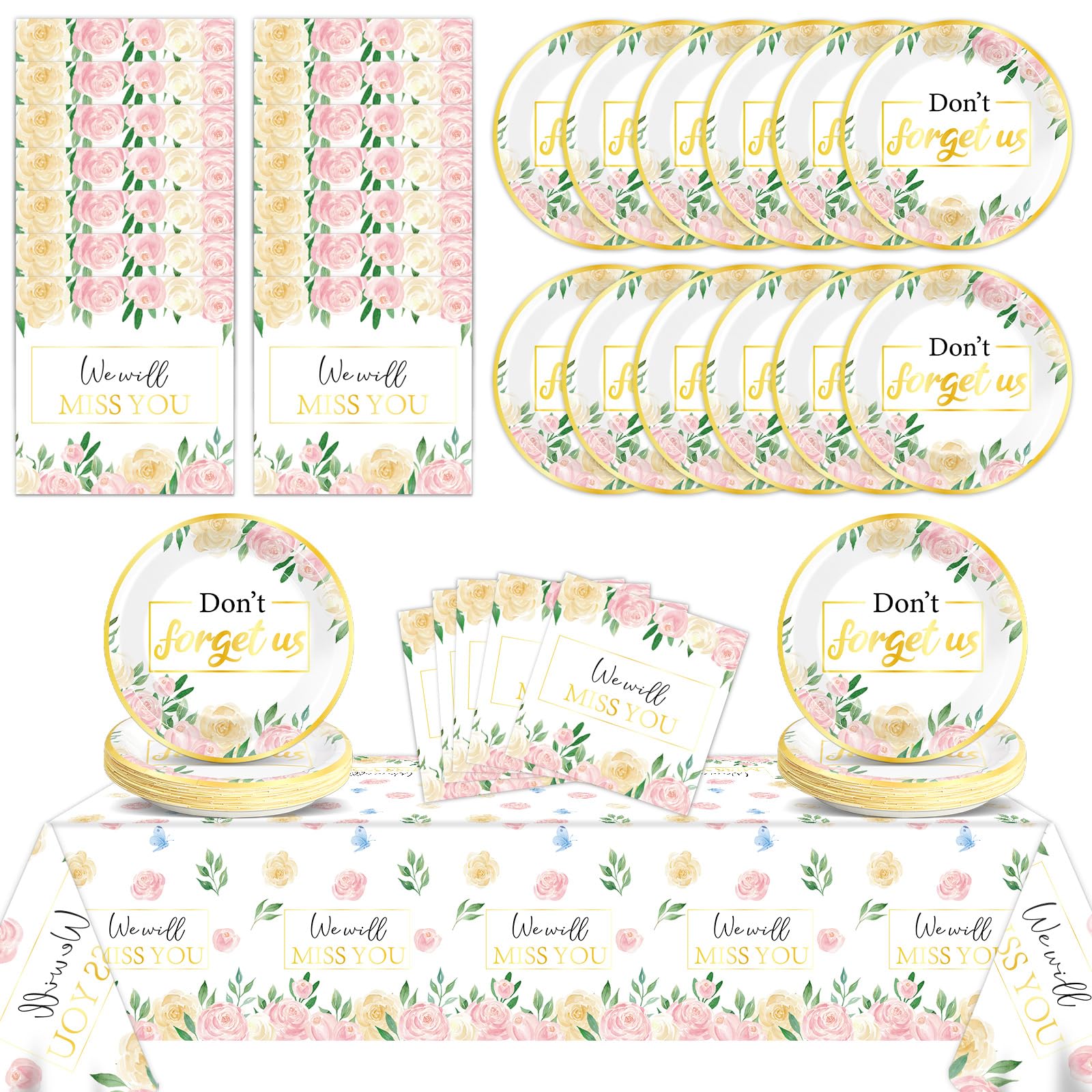 Floral Farewell Party Supplies Serves 24 We Will Miss You Paper Plates Napkins Retirement Decor Don't Forget Us Theme Tablecloth Set Tableware Kit for Goodbye Office Good Luck Going Away Party Favor