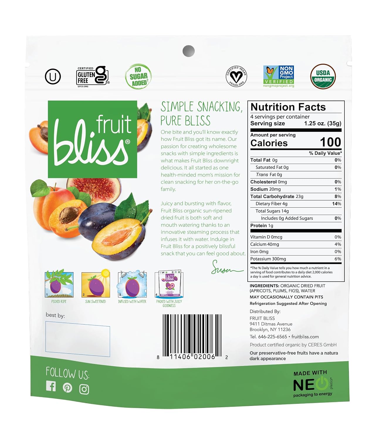 Fruit Bliss Dried Fruit Mix – Fruit Medley of Organic, Dried & Pitted Apricots, Plums & Figs - Organic Fruit Snacks, Dried Fruit Snacks, Resealable Pouches, Gluten-Free Vegan Snacks (6 Pack, 5 oz)