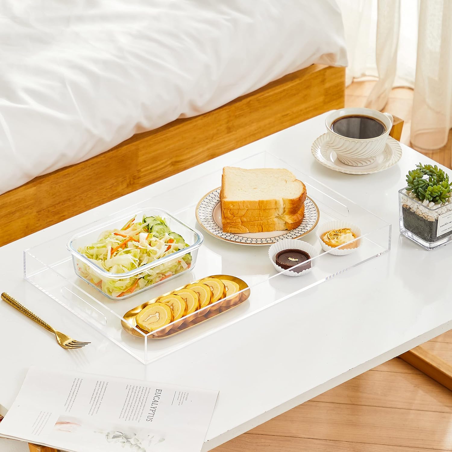 Clear Sturdy Acrylic Serving Tray with Handles 12x20x2H Inches -Spill Proof- Decorative Trays Countertop Organizer for Ottoman Coffee Table Nightstand, sidetable, Breakfast, Tea, Food - Image 6