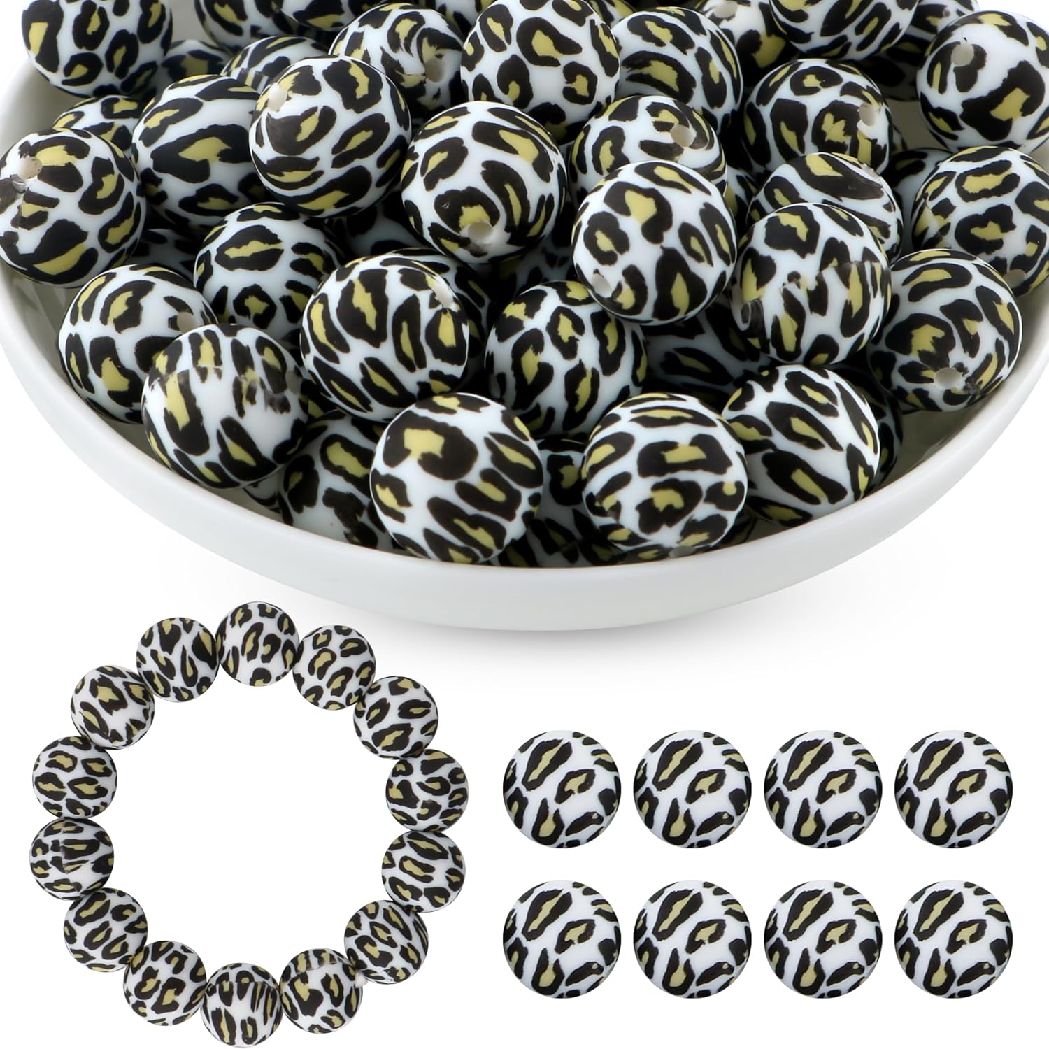 50Pcs Black Camel Leopard Silicone Beads for Keychain Making, Pattern Print Silicone Beads for Pens Necklace Bracelets Craft