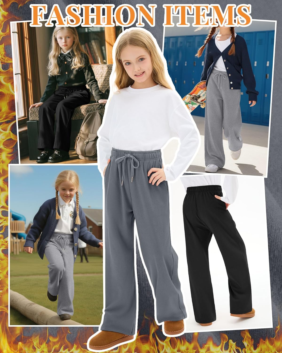 3 Pack Girls' Fleece Sweatpants Wide Leg Drawstring Casual Kids Joggers Open Bottom Loose Teen Pants with Pockets - Image 2