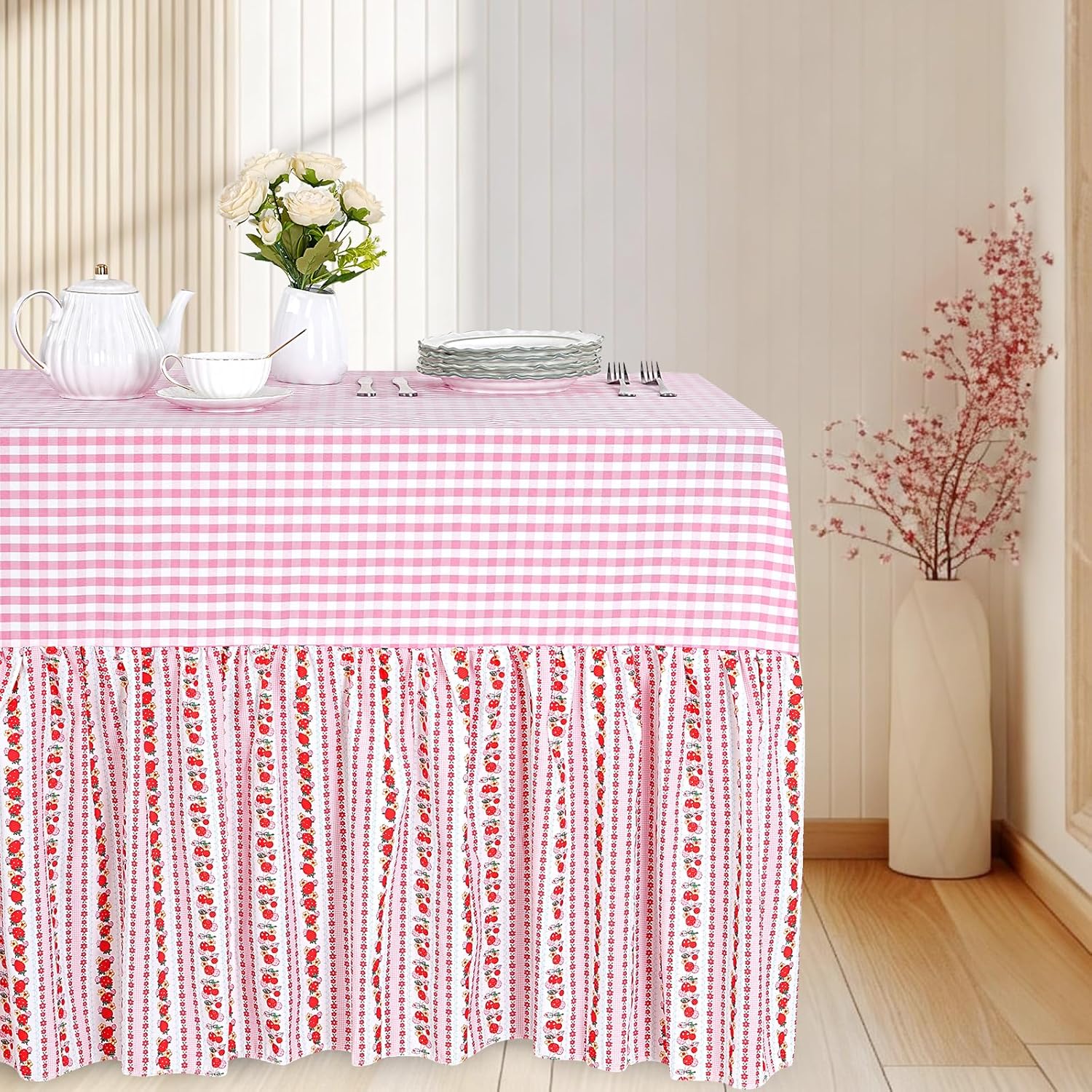 Pink Bunny Easter Tablecloth - Easter Ruffle Waterproof Table Cloth 80 x 120 Inch Spring Flower Rabbit Eggs Rectangle Table Covers for Holiday Picnic Baby Shower Birthday Wedding Party Decoration