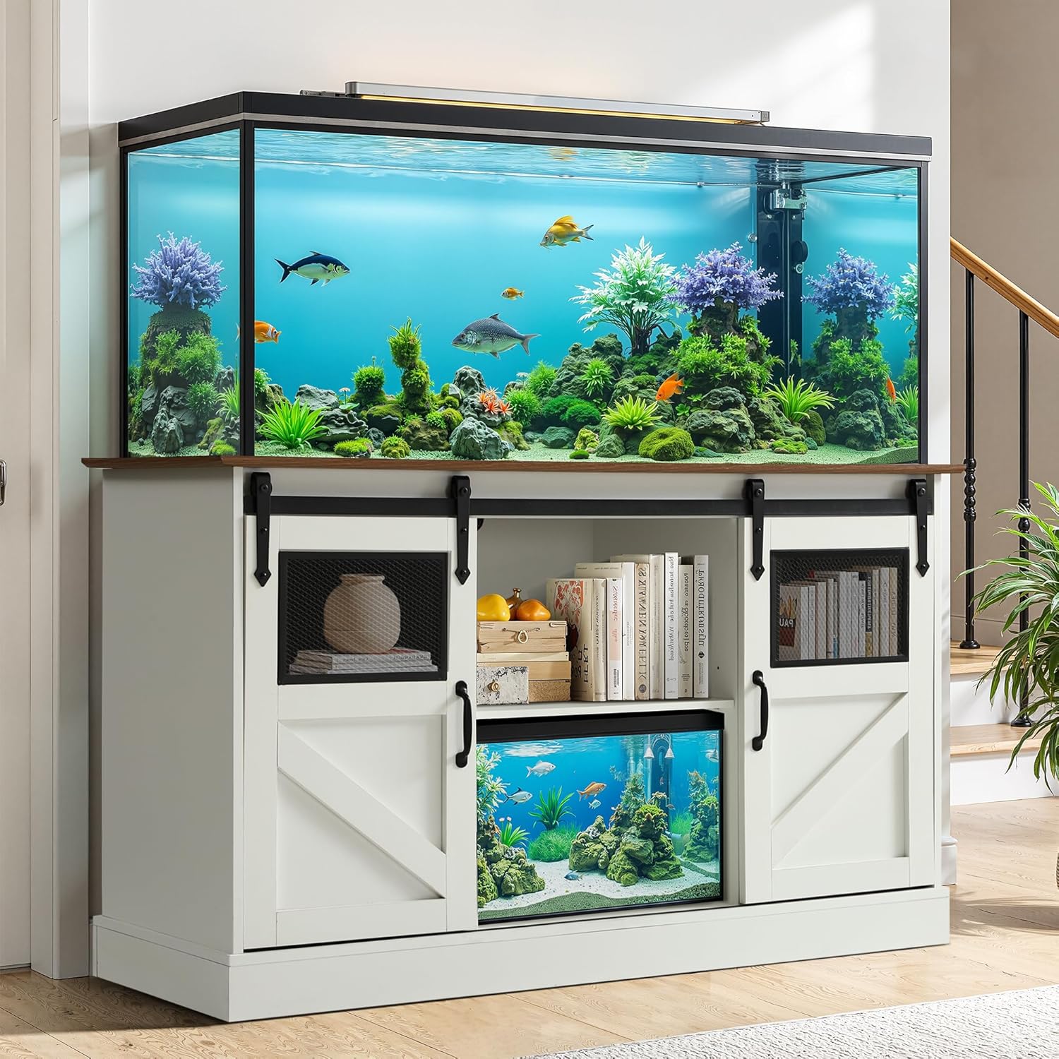 MAGIC UNION 55-75 Gallon Large Fish Tank Stand with Power Outlet, Heavy Duty Aquarium Stand with Sliding Barn Doors, Turtle Reptile Terrarium Stand with Cabinet for Accessories Storage, 1300LBS(White)