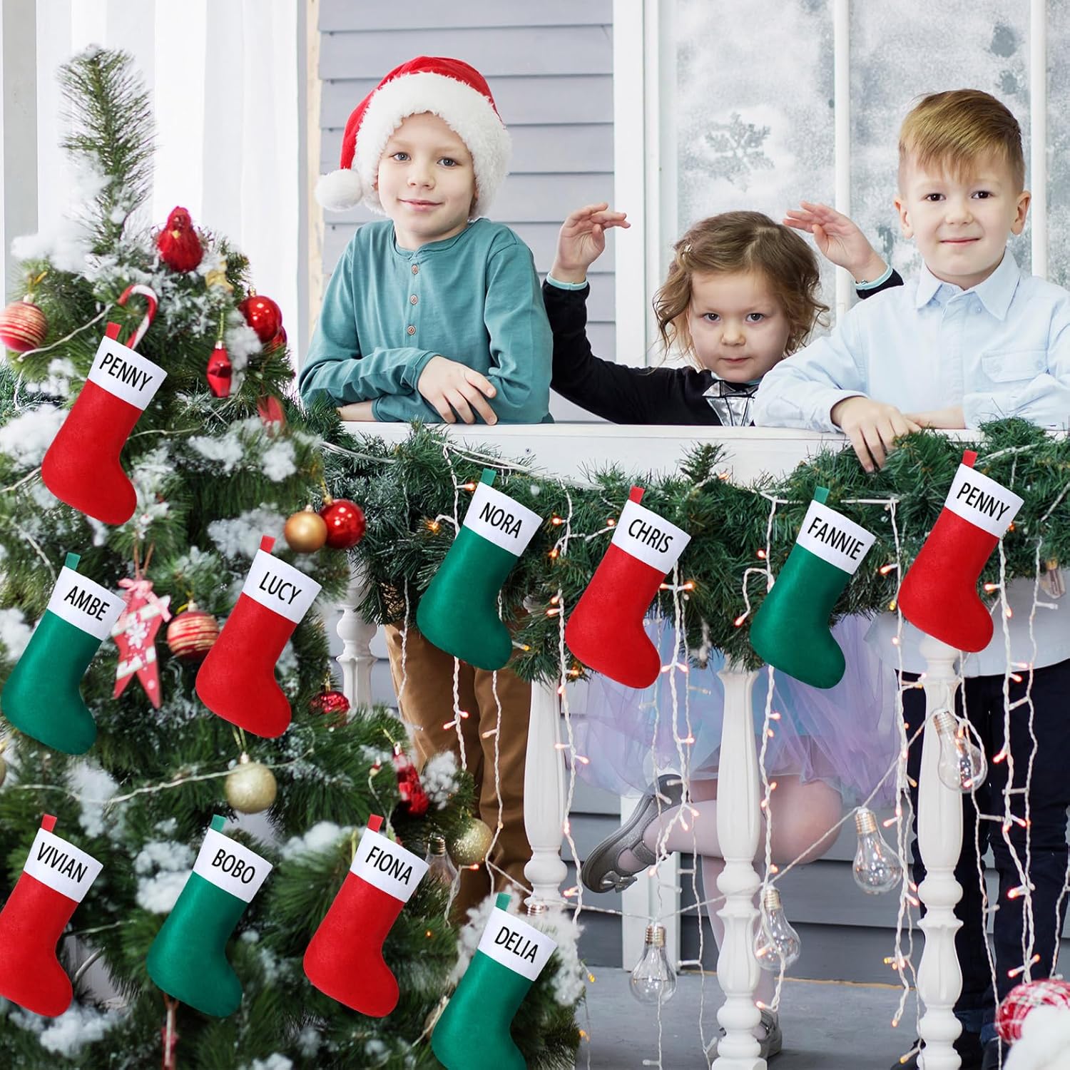 Poen 24 Pcs Mini Christmas Stockings with 8 Sheets Vinyl Letter Stickers 8 Inch Red and Green Personalized Small Christmas Stockings Hanging Ornaments for Tree Fireplace Decor Xmas Holiday Party
