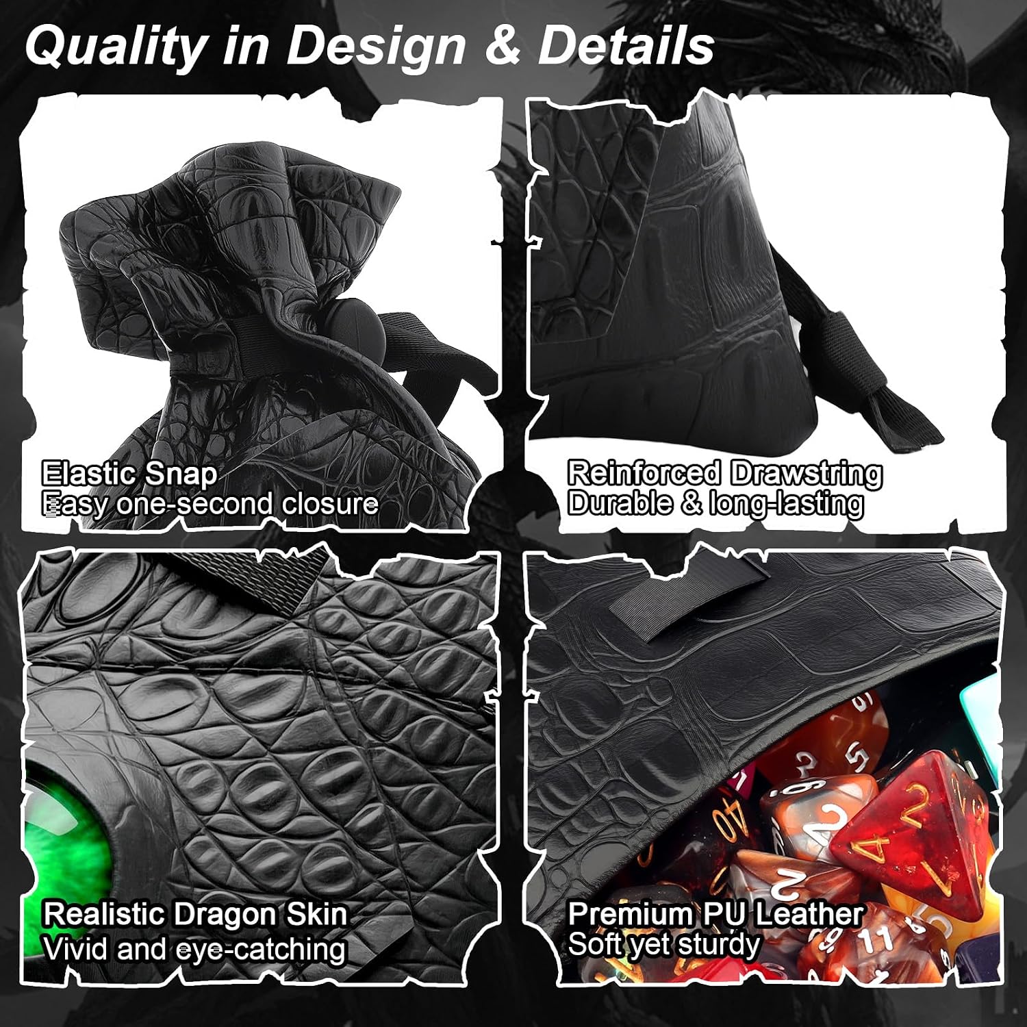 Haxtec Dragon Dice Bag, PU Leather Pouch with 3D Glass Dragon Eye | Drawstring, DND Dice Bag, For Dungeons & Dragons, D&D Gifts for Dragon Gamer and Lovers, Small, Patent D893867