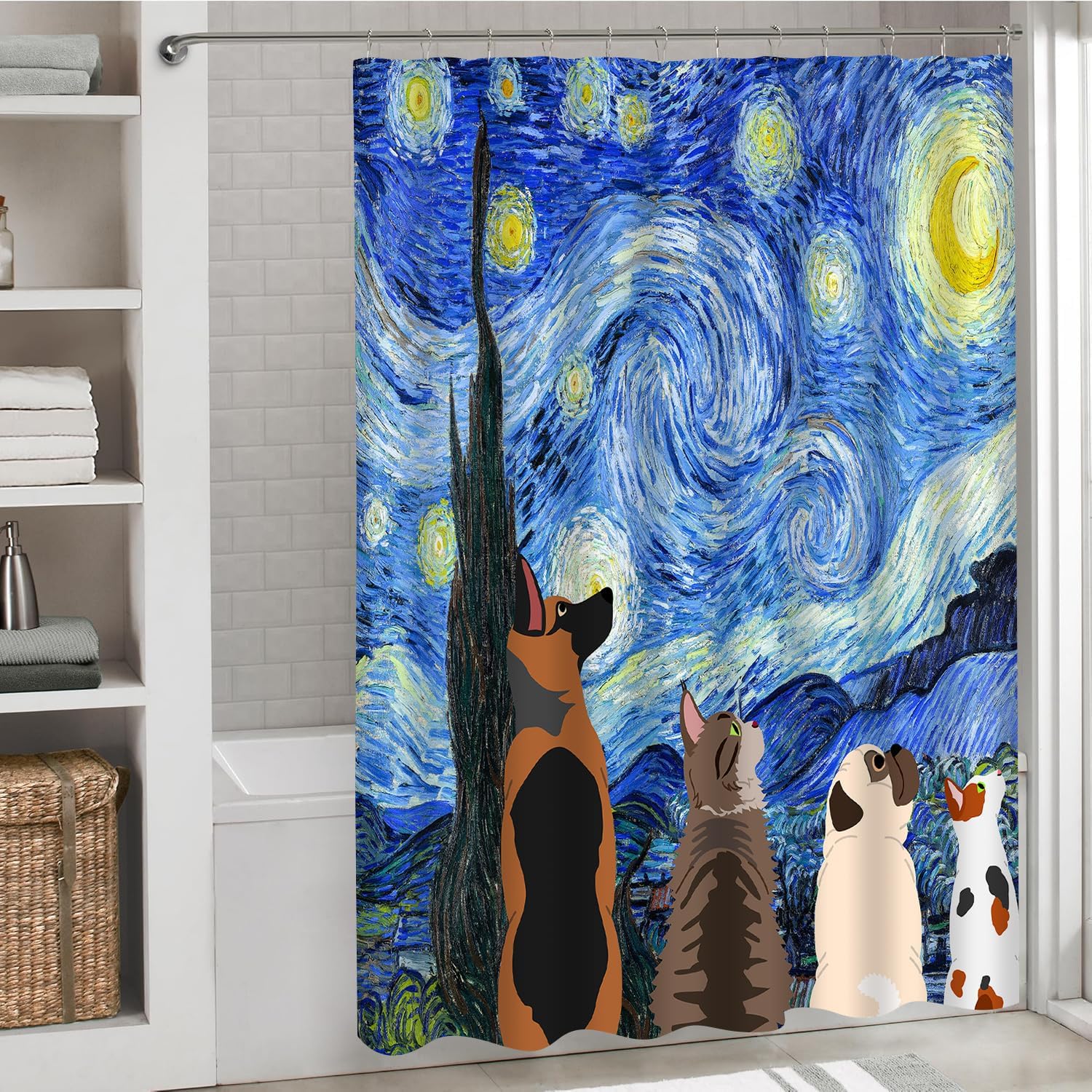 Starry Night Theme Shower Curtain Funny Animal Dog and Cat Watch The Night View Abstract Art Oil Painting Style Bathroom Set Bathtub Accessories Polyester Fabric with Hook 70Wx70H Inch image 3