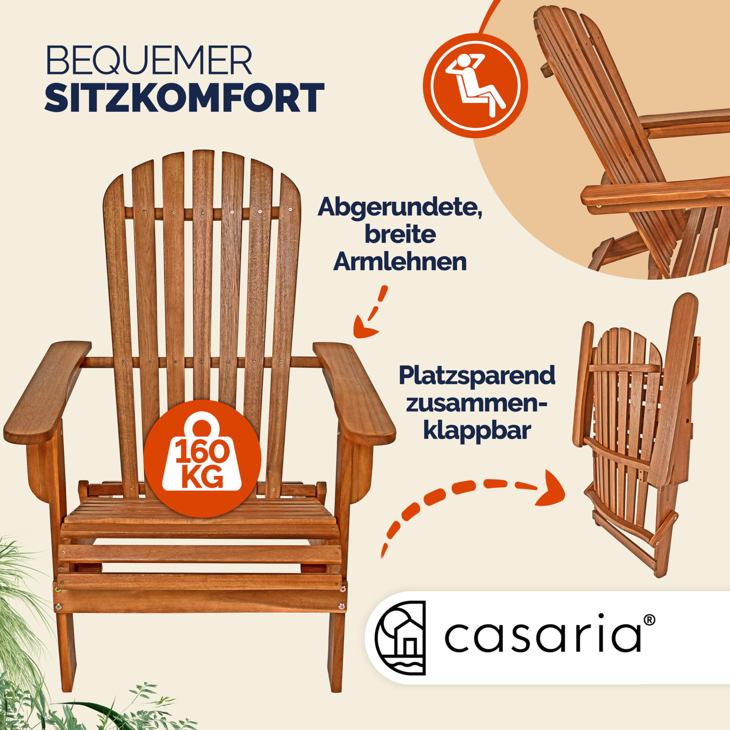 Casaria Adirondack Acacia Bois Max 160kg Résistant aux intempéries Pliable Accoudoirs Chaise Longue Balcon 84x69x94cm Chaise en Bois Ergonomique