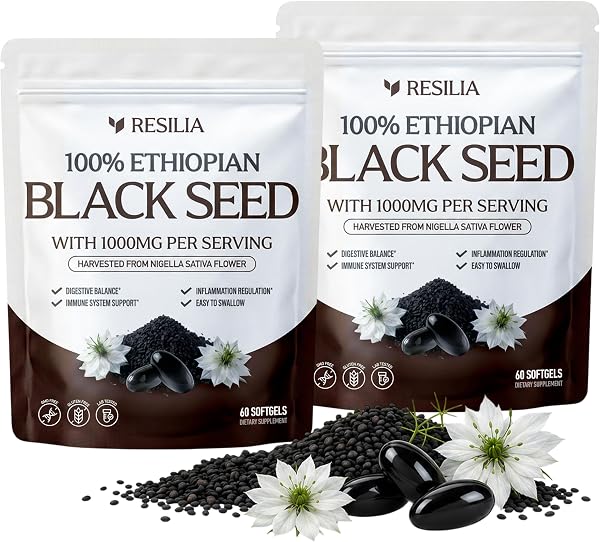 Resilia Ethiopian Black Seed Softgels 1000mg Per Serving – Premium Nigella Sativa Seed Oil Supplement – Digestive & Immune Support Formula – Easy to Swallow Soft Capsules 120 Count (Pack 2)
