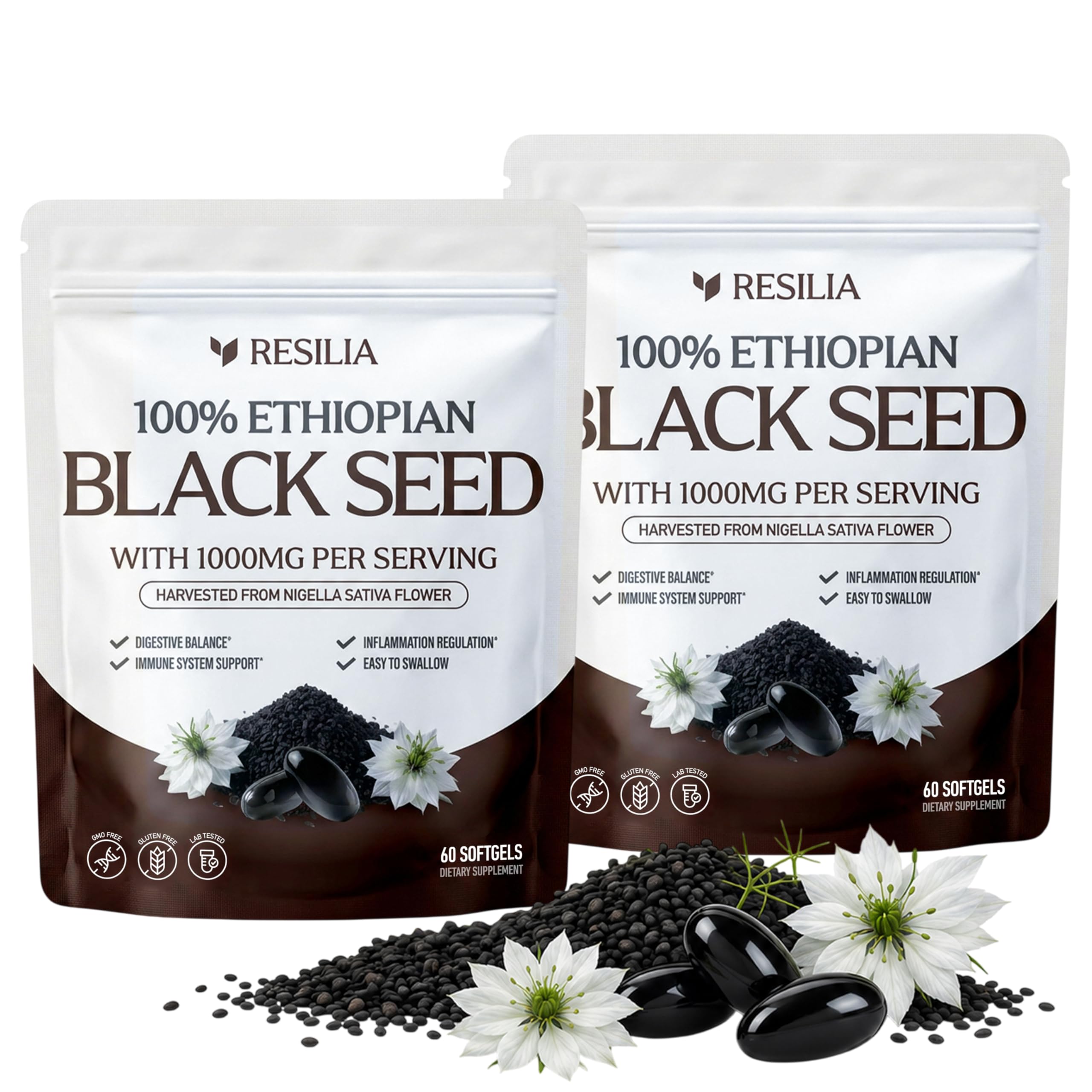 Resilia Ethiopian Black Seed Softgels 1000mg Per Serving – Premium Nigella Sativa Seed Oil Supplement – Digestive & Immune Support Formula – Easy to Swallow Soft Capsules 120 Count (Pack 2)