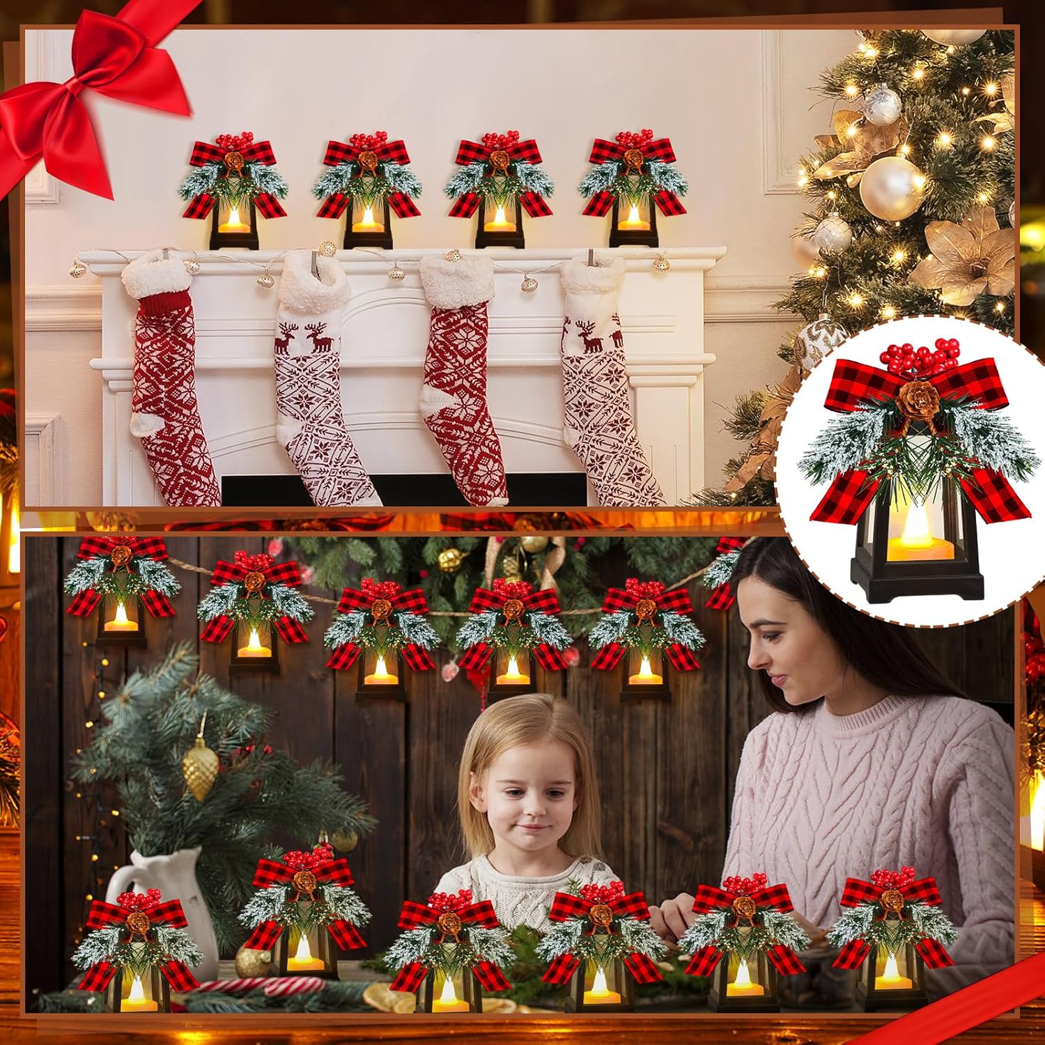 Set of 12 Christmas Mini Decorative Lanterns with Flickering LED Flameless Candle Hanging Lantern Decoration Bulk with Buffalo Plaid Bow Battery Included for Xmas Party (Red Plaid Bow)