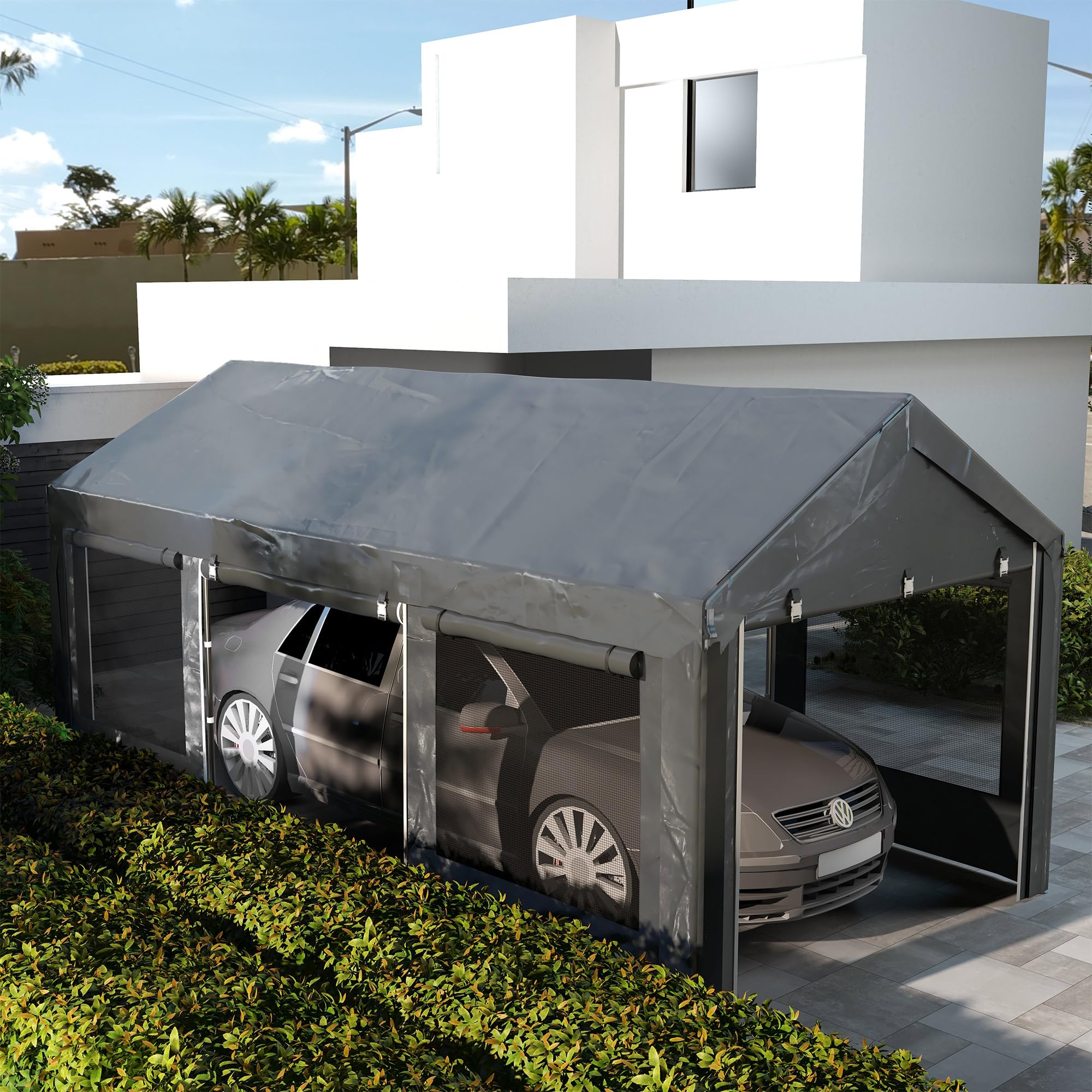 Outsunny Gazebo da Giardino 6x3m Grigio Scuro con Altezza Regolabile Carport Auto 4 Porte 4 Finestre