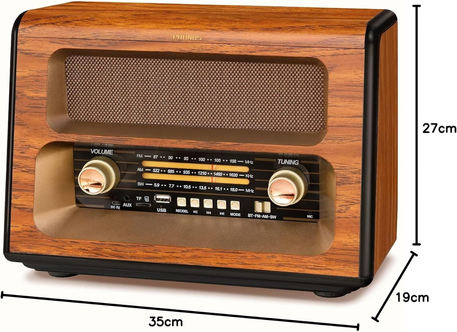 PRUNUS J-199 Retro Radio with dimensions labeled: 35cm length, 19cm width, 27cm height.