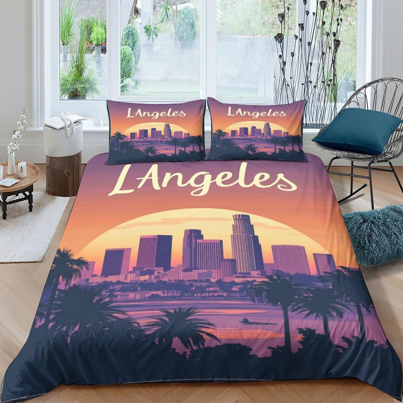 Ctjqhvkz Style-9 3D Printed Los Angeles Sunset Fitted Sheet Microfiber Soft Breathable City Skyline Mattress Cover For Bedroom Dorm Decor Single（135X200cm）