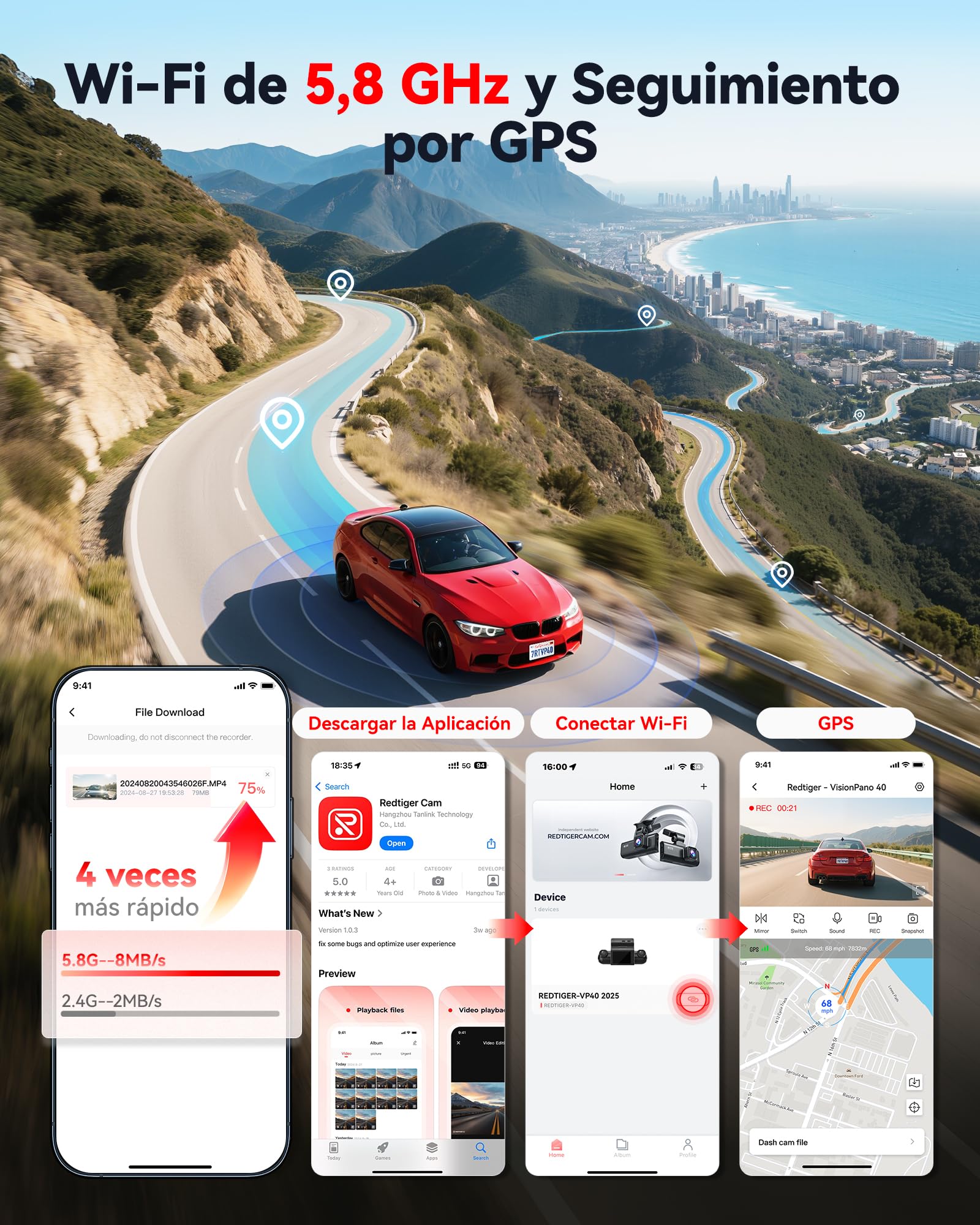 REDTIGER de 4 Canales Dash Cam Coche con Visión de 360°,Doble STARVIS 2, 2,5K*2+1080P*2,Cámara para Salpicadero Delantera y Trasera,Interior Izquierda y Derecha, WiFi de 5,8 GHz, 8 luces IR con Visión