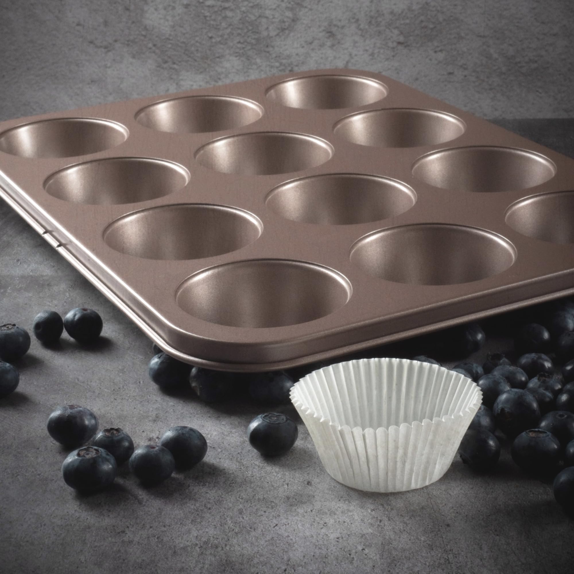 HAPPIELS Muffinform mit 12 Mulden, antihaftbeschichtet, PFOA- und BPA-frei | Ungiftig – Hartstahl – Gold – Cupcake-Form zum Backen im Ofen