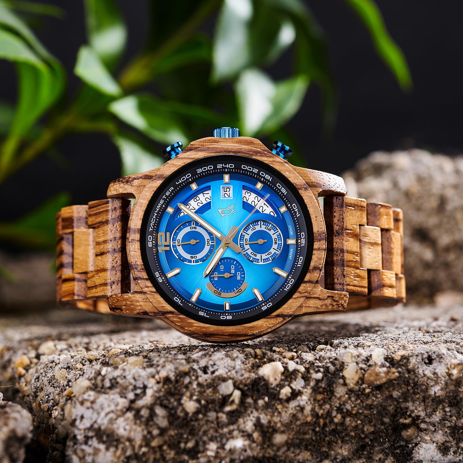 2win Reloj de madera grabado para hombre, esfera azul de cebra, reloj cronógrafo para marido, aniversario, cumpleaños, Navidad, día de San Valentín, regalo de esposa
