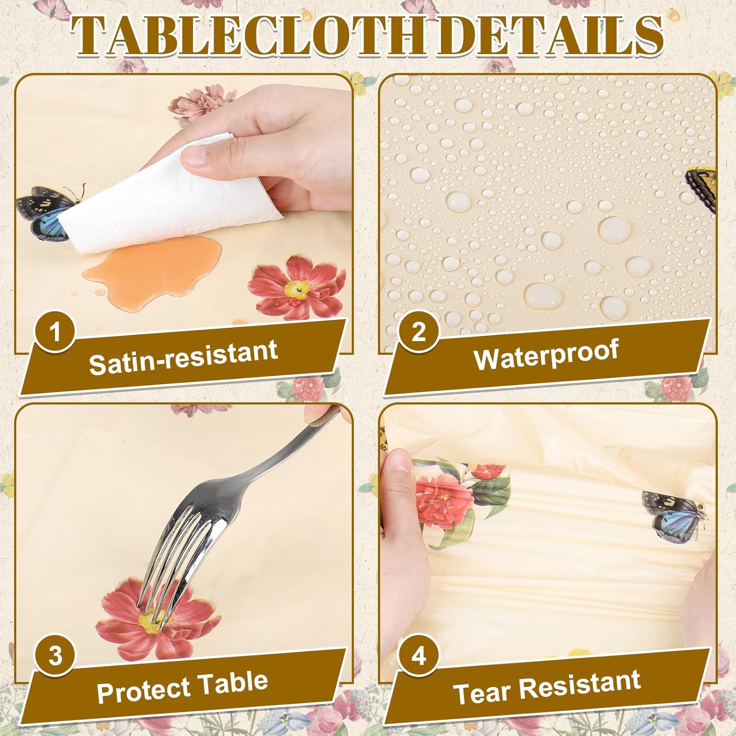 3 Pack Spring Floral Plastic Tablecloths, 54×108Inch Tea Party Tablecloth Rectangle Vintage Table Cloth Butterfly Wildflower Porcelain Table Decor for Easter Mother's Day Birthday Garden Wedding