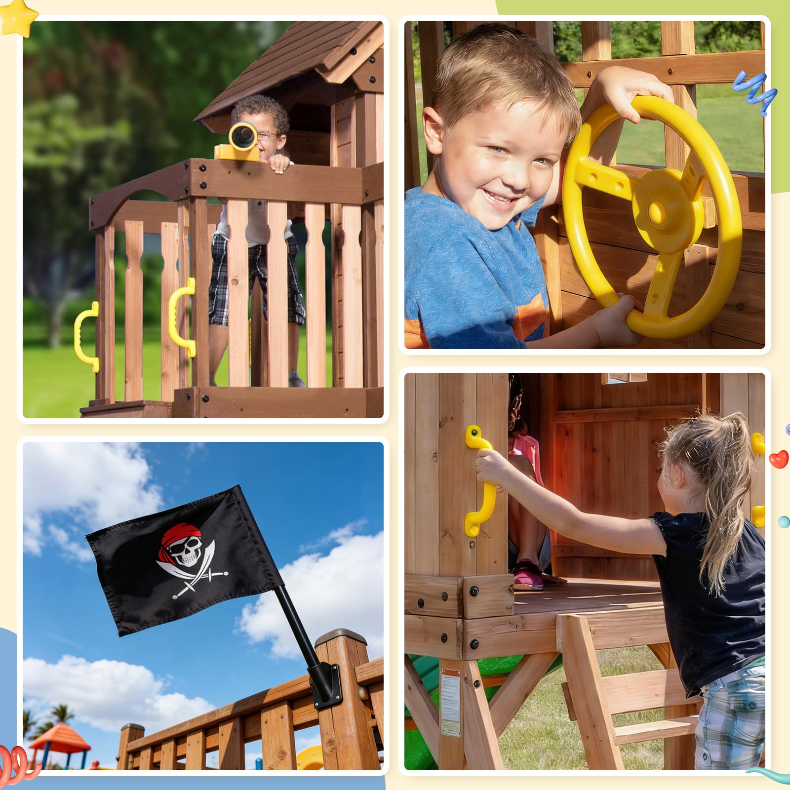 Set di Accessori per Torre di Gioco, Maniglie di Sicurezza per Parco Giochi con Volante,Telescopio e Telefono Giocattolo, Maniglie per Torre Giochi per Altalene, Parco Giochi, Alberi