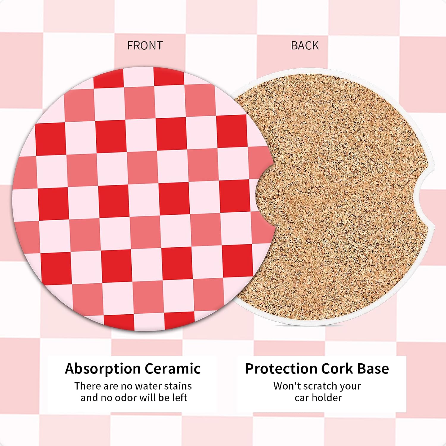 2 Pack Universal Ceramic Car Coasters，Ceramic Stone with A Finger Notch for Easy Removal of Car Cup Holder Coaster(Pink Plaid) image 4