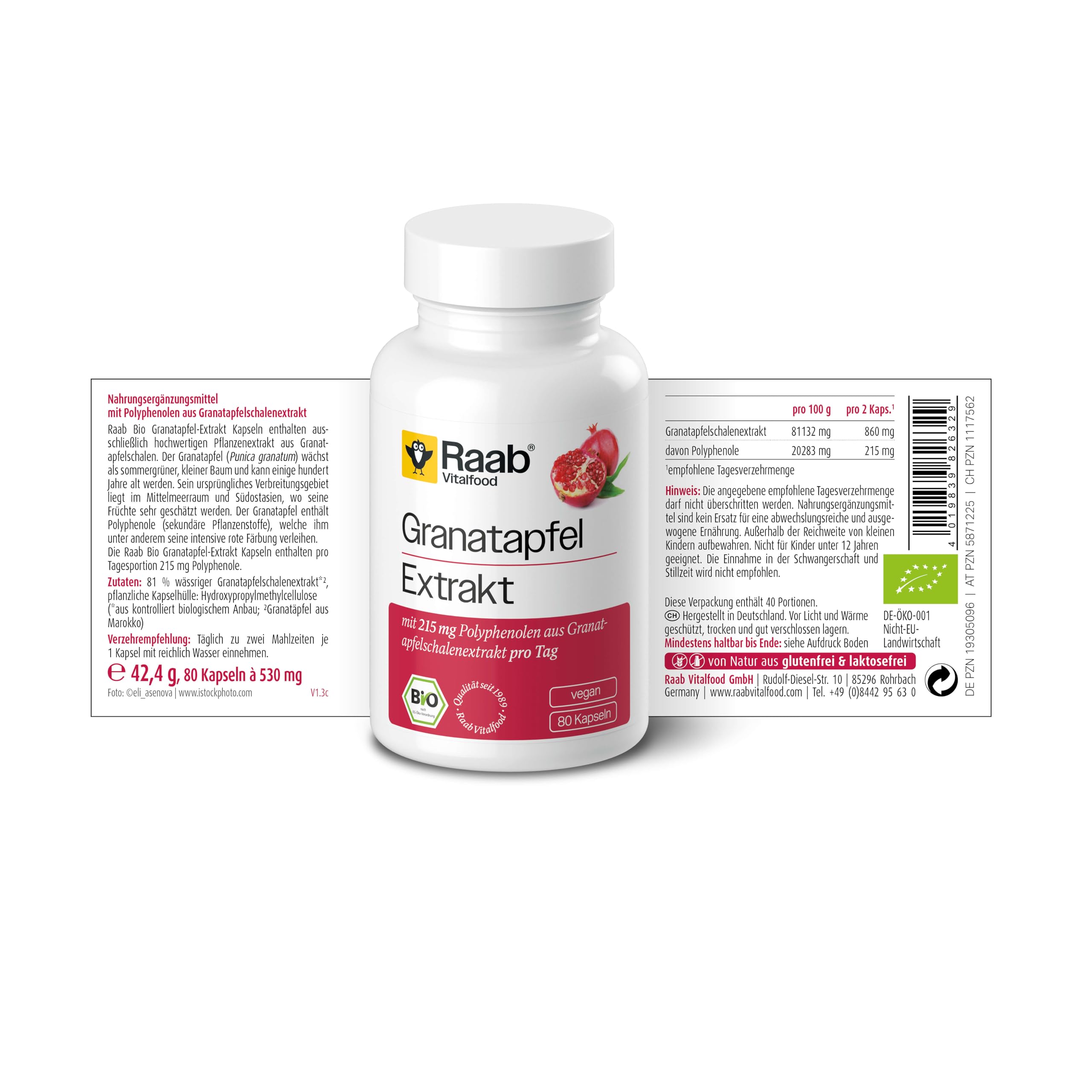 Raab Vitalfood Bio Granatapfel Extrakt Kapseln mit 215 mg Polyphenolen pro Tag, 1x 80 Kapseln à 530 mg pro Packung
