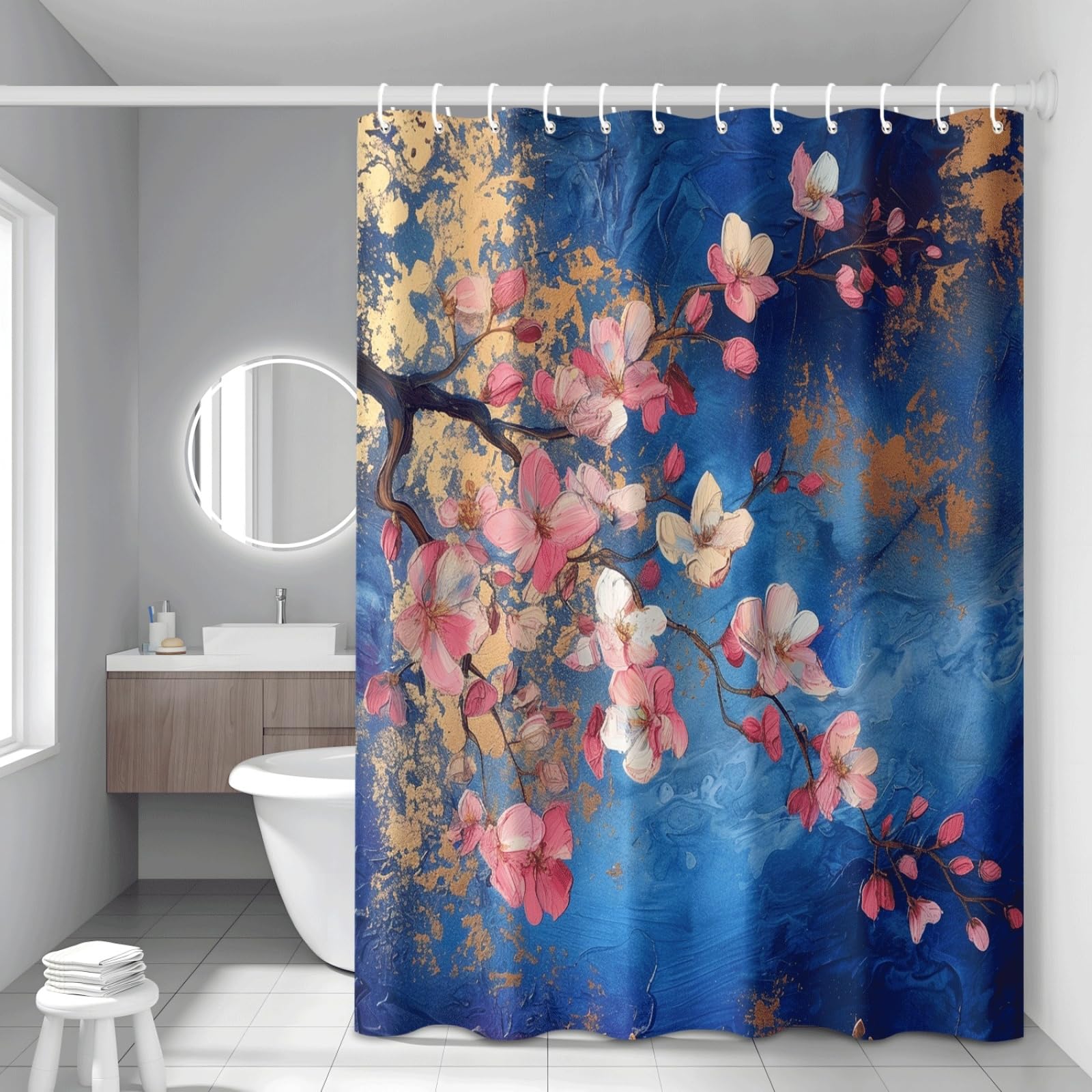 Rideau de douche bleu fleur de marbre 200x240cm en polyester lavable pour baignoire