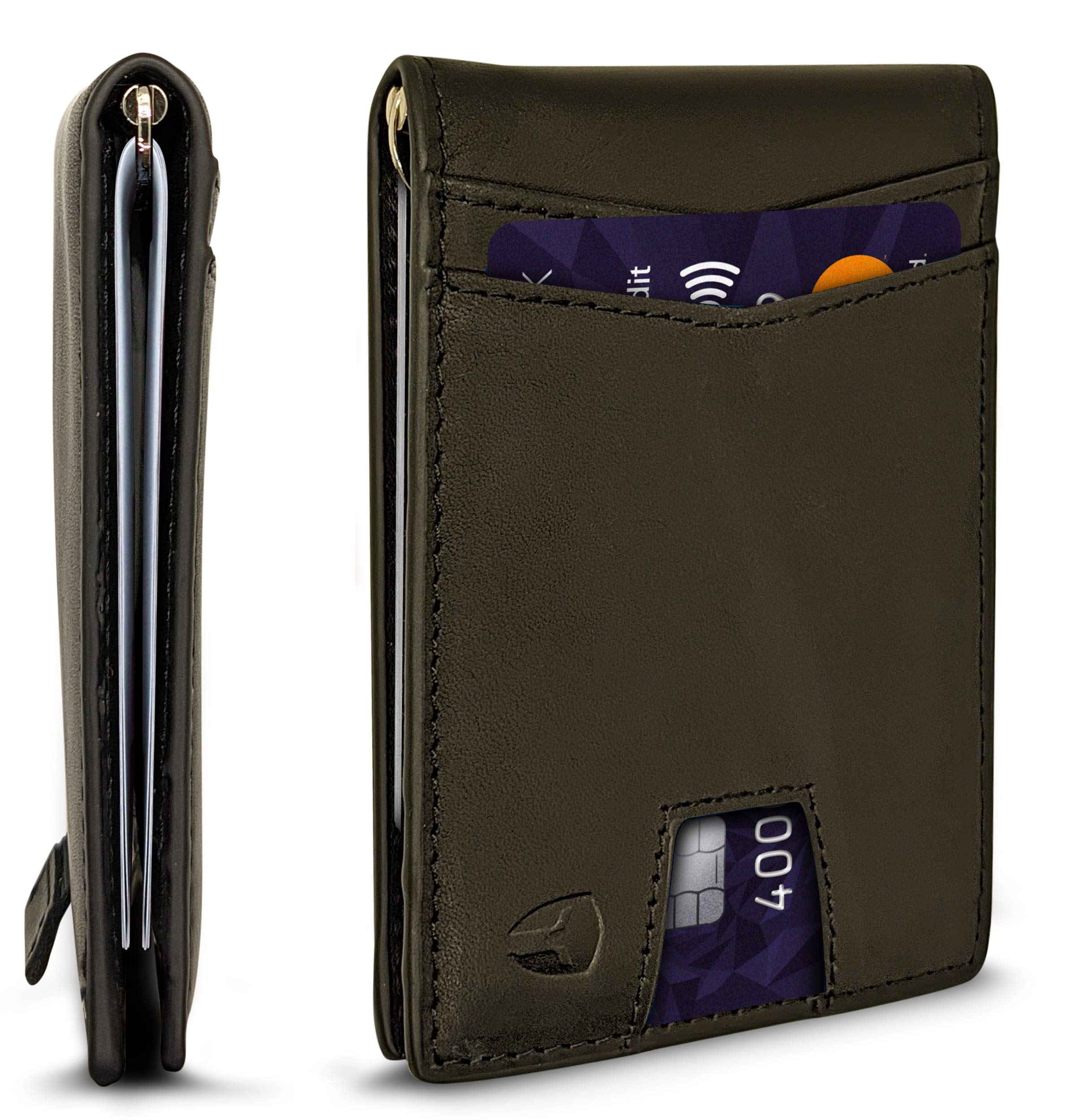 RFID Blocking Slim Minimalist ID Inside Front Pocket Wallet, Money Clip, 9 Slots, Leather