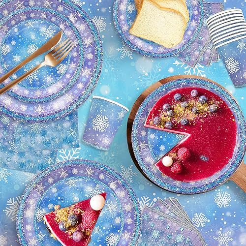 Miniatura 6 de Suministros para fiesta de cumpleaños de copo de nieve, 121 piezas de platos de papel de copo de nieve de Navidad y servilletas, vasos, mantel de