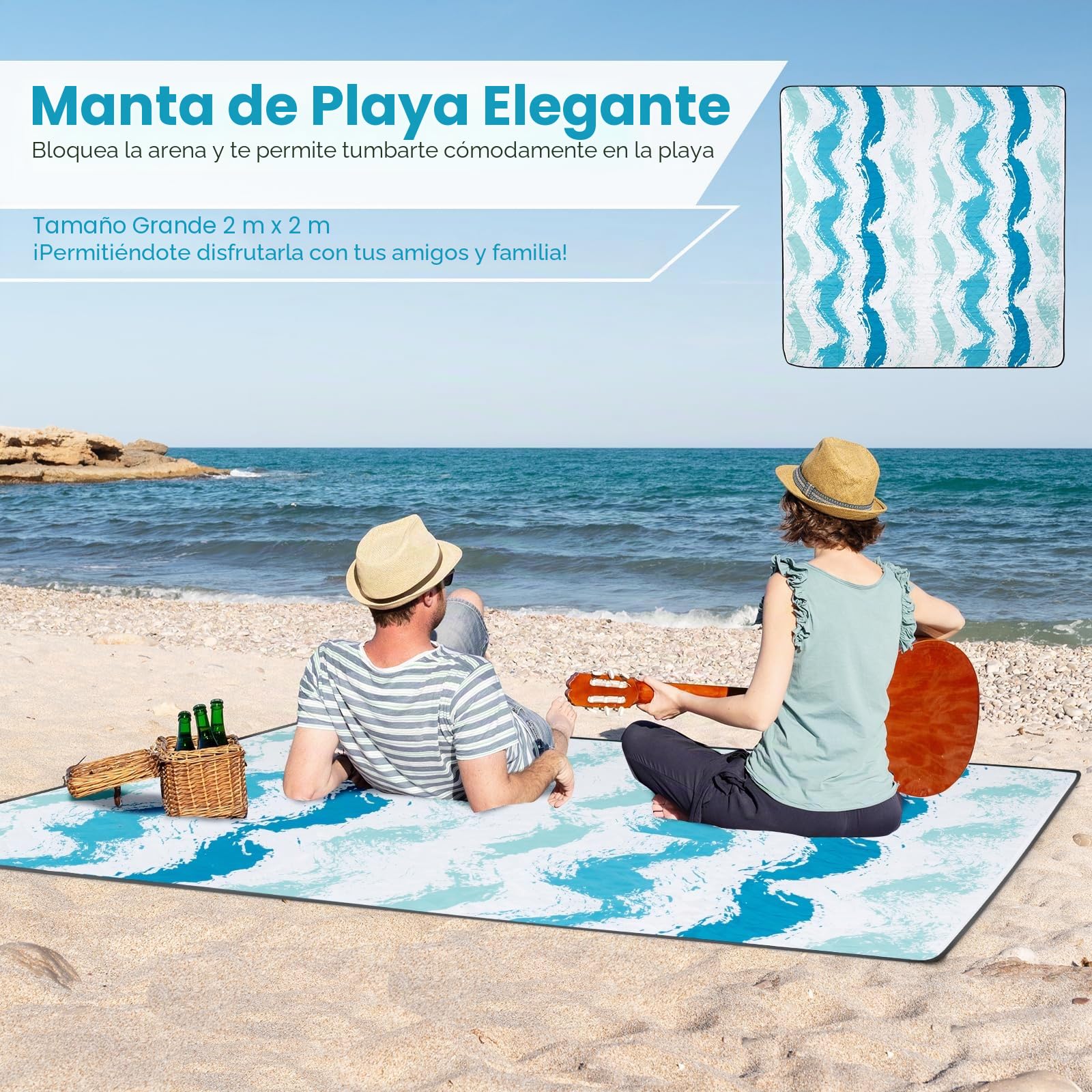 KOMFOTTEU Juego de 2 Sillas de Playa con Sombrilla y Manta de Picnic, Sillas Pórtatiles Plegables con Portavasos, Sombrilla Reclinable a 30 ° con Bolsa de Transporte, para Camping, Pesca (Azul)