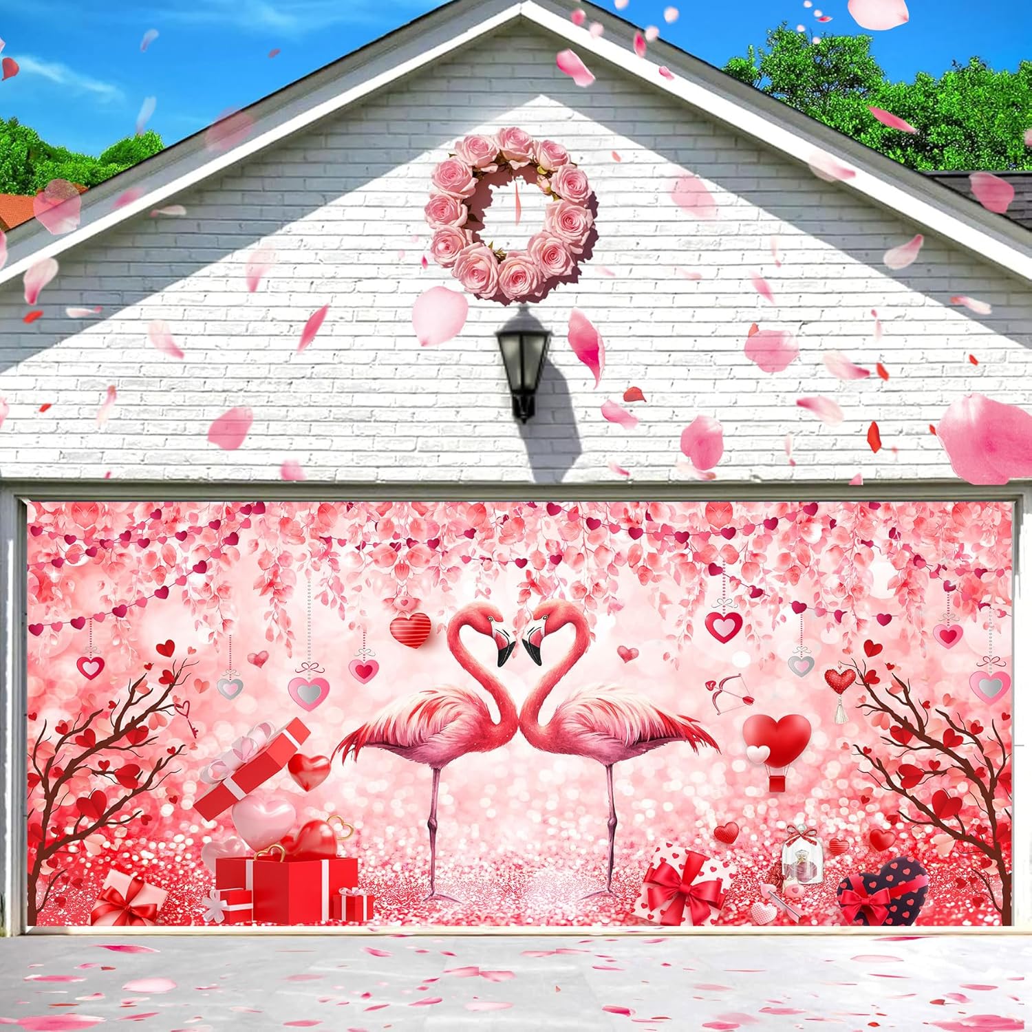 Happy Valentine's Day Garage Door Decorations Cover, Romantic Valentines Pink Flamingo Red Love Heart Tree Garage Door Banner, Indoor Outdoor Valentines Party Decorate Backdrop, 16X7FT
