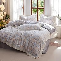 Vista 202 de 3 piezas de juego de funda de edredón tamaño individual XL, funda de edredón blanca con estampado floral azul, ropa de cama coquette de algodón