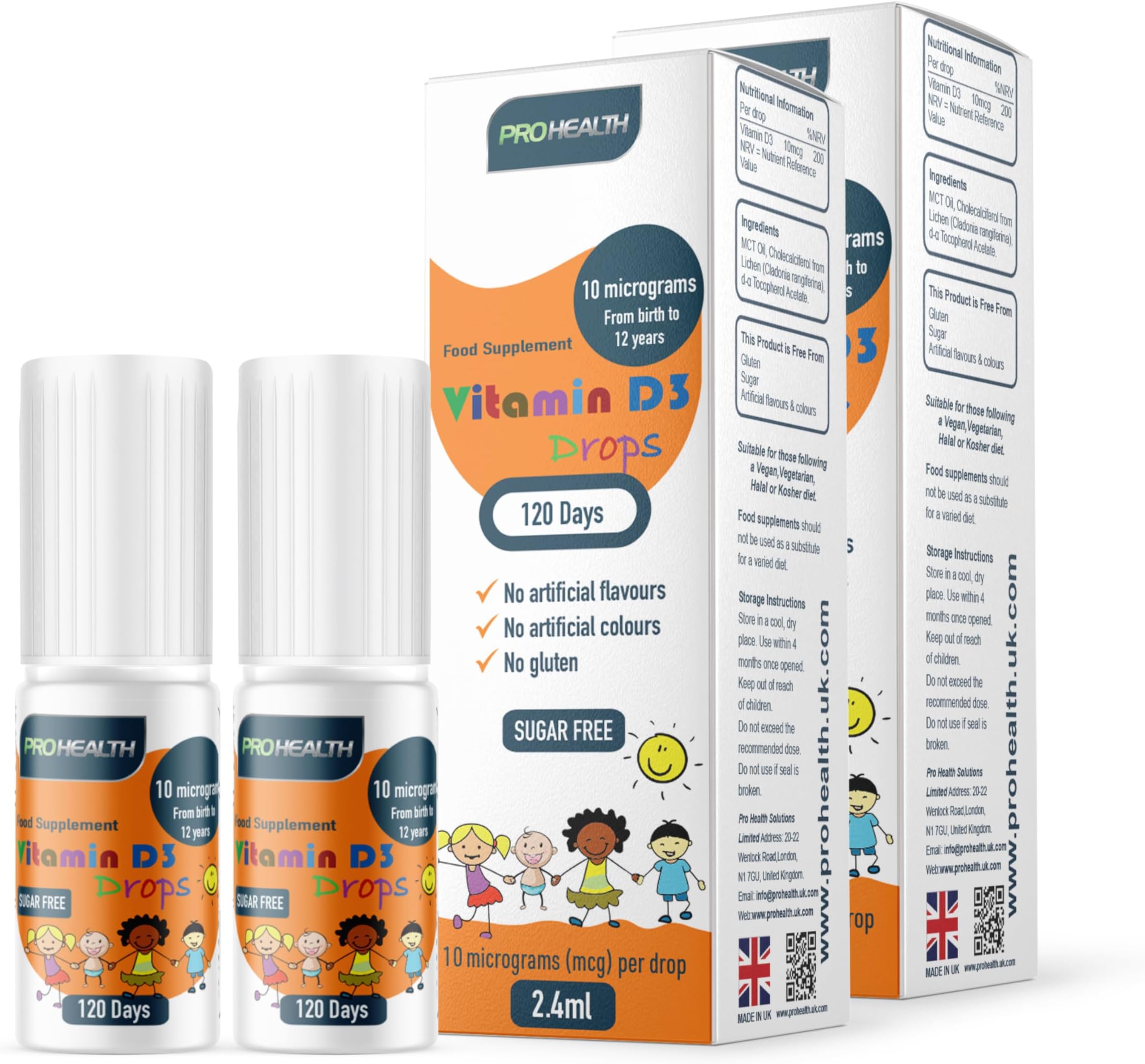 ProHealth Preservative-Free Vegan Vitamin D3 Drops for Infants & Children - Sugar-Free, All-Natural, NHS Approved (4-Month Supply, 2-Pack)