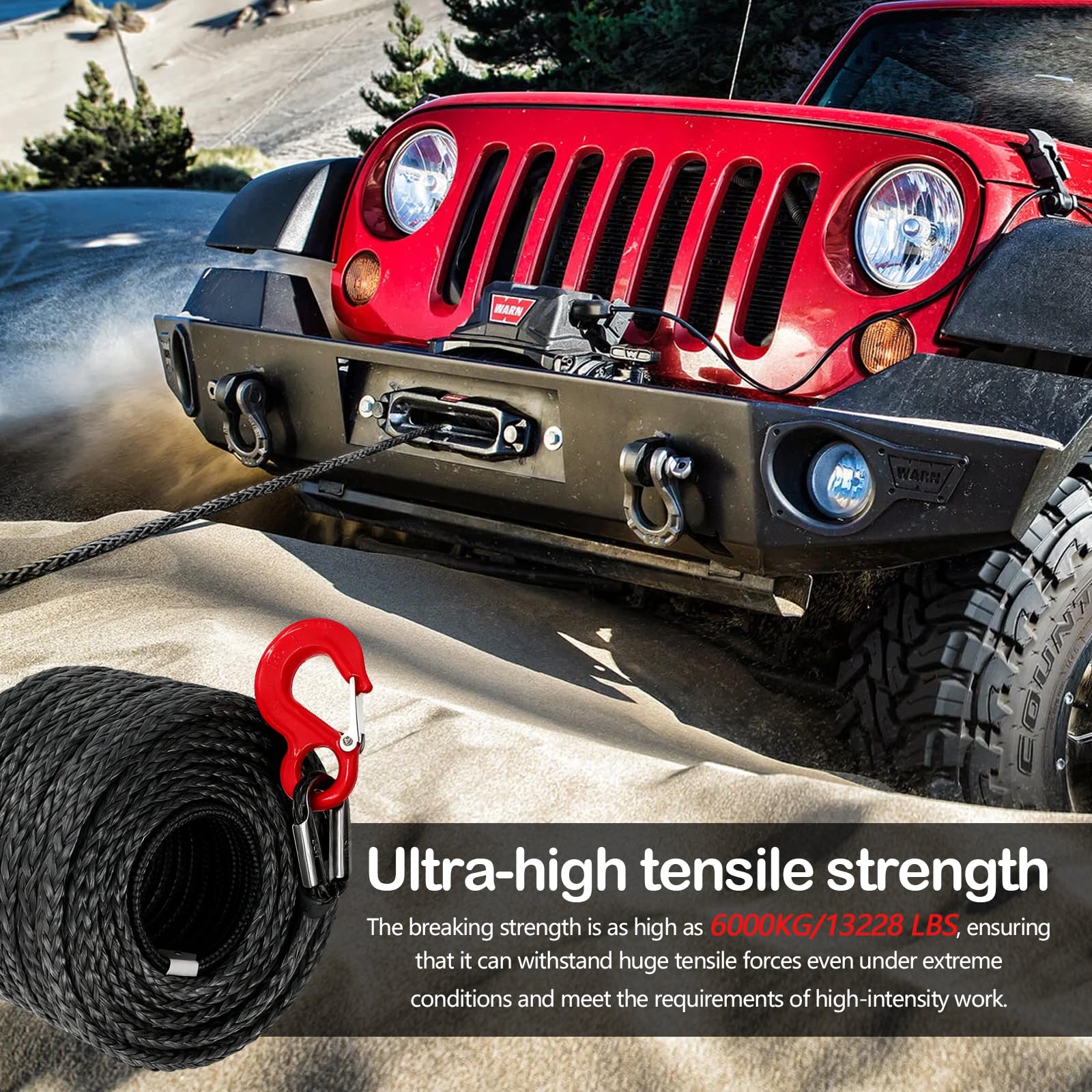 Cuerda de Remolque para Coche, Cabestrante 15m Largo 8mm Diámetro Cuerda Sintética de 12 Hilos 6000kg / 13228 Libra Cuerda de Plástico Cuerda de Remolque con Gancho Metálico para SUV ATV UTV, Negro