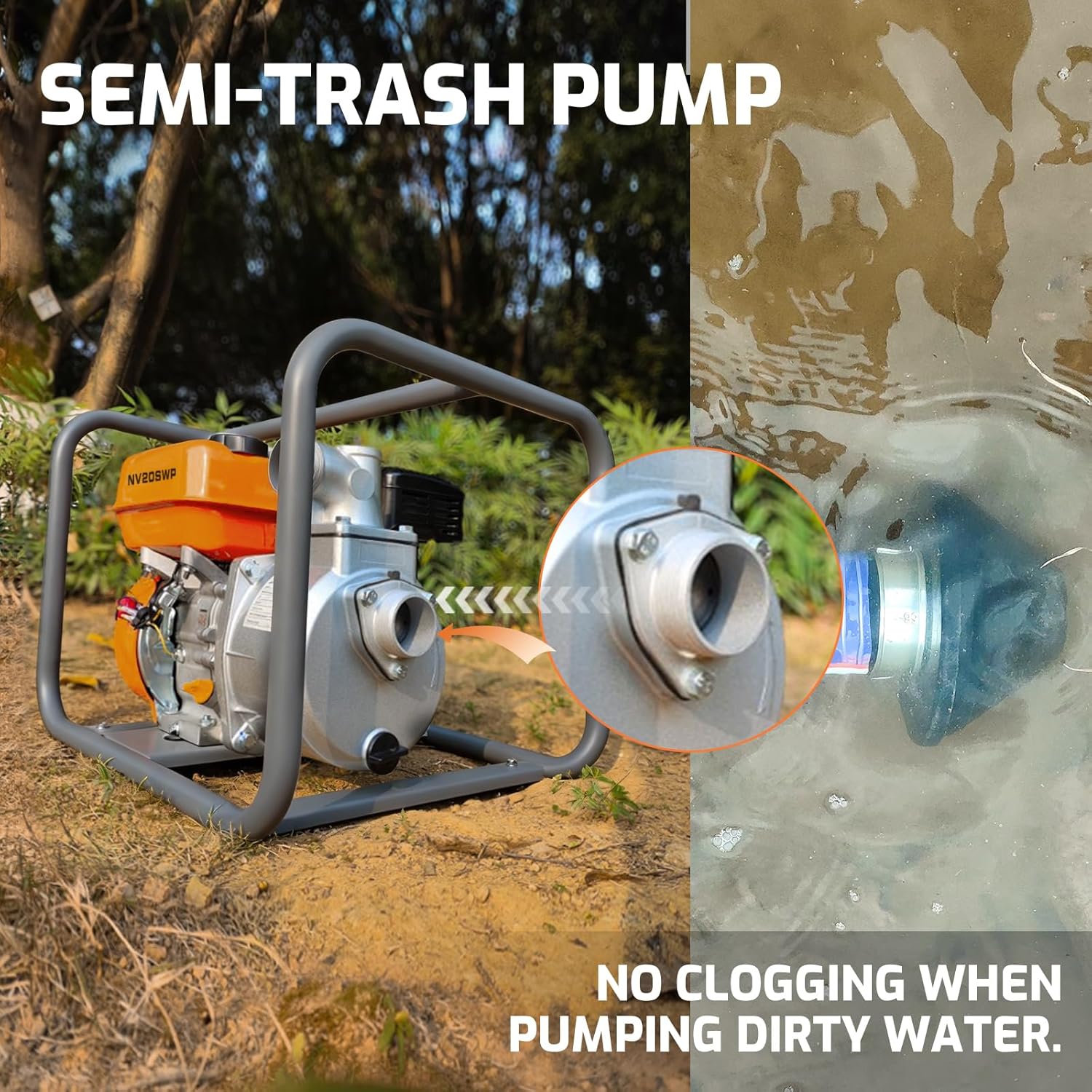 NOVUS 2-inch Semi Trash Pump, 212cc 4 Cycle Engine, 141 GPM 100ft Lift 23ft Suction, Gas Powered Water Pump for Pond Pool Draining Gardening Irrigation,EPA Certified