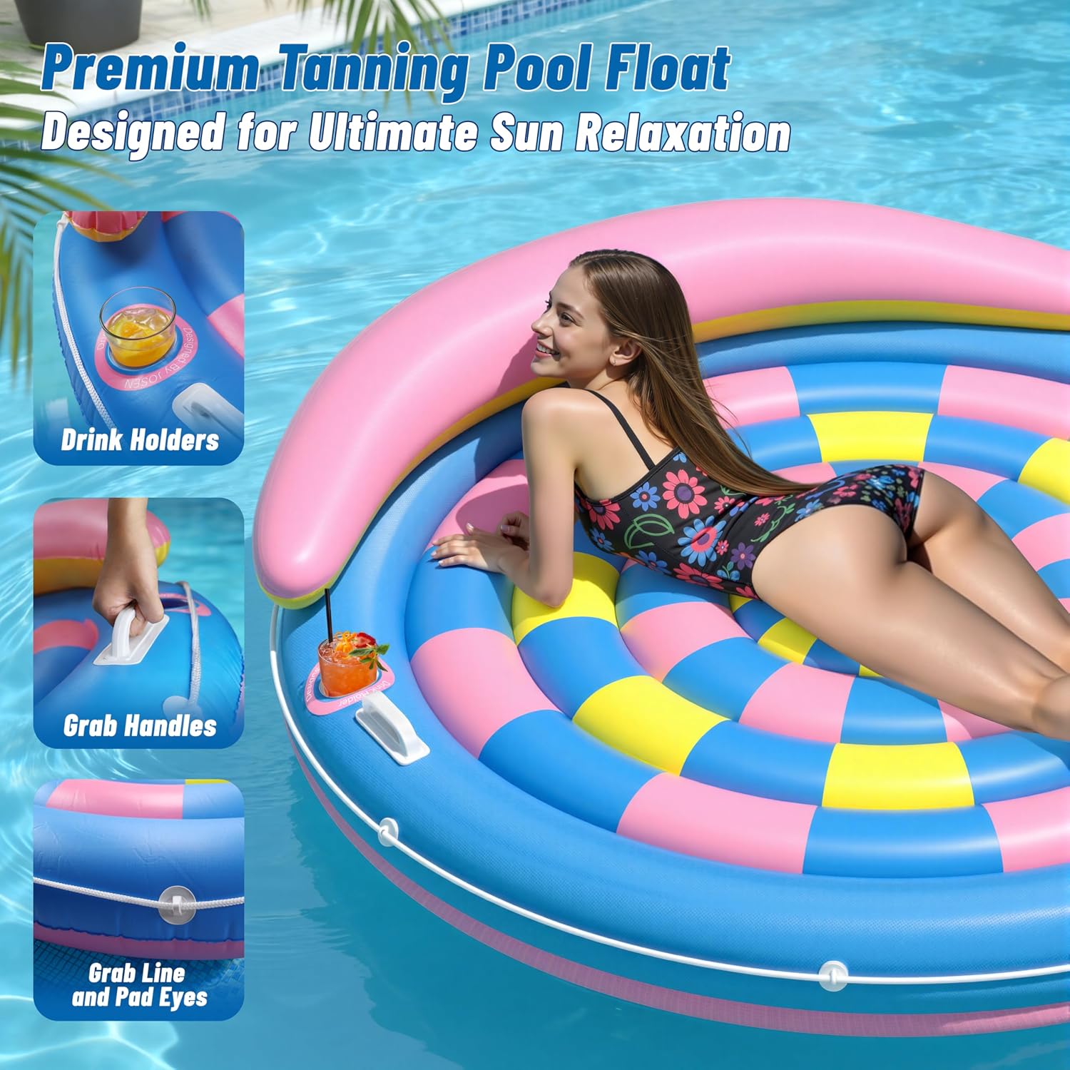JOSEN Pool Floats Adult, Inflatable Tanning Pool - Extra Large Pool Floats for Adults Heavy Duty, Round Pool Rafts, River Lake Floaties Water Floats with Cup Holders